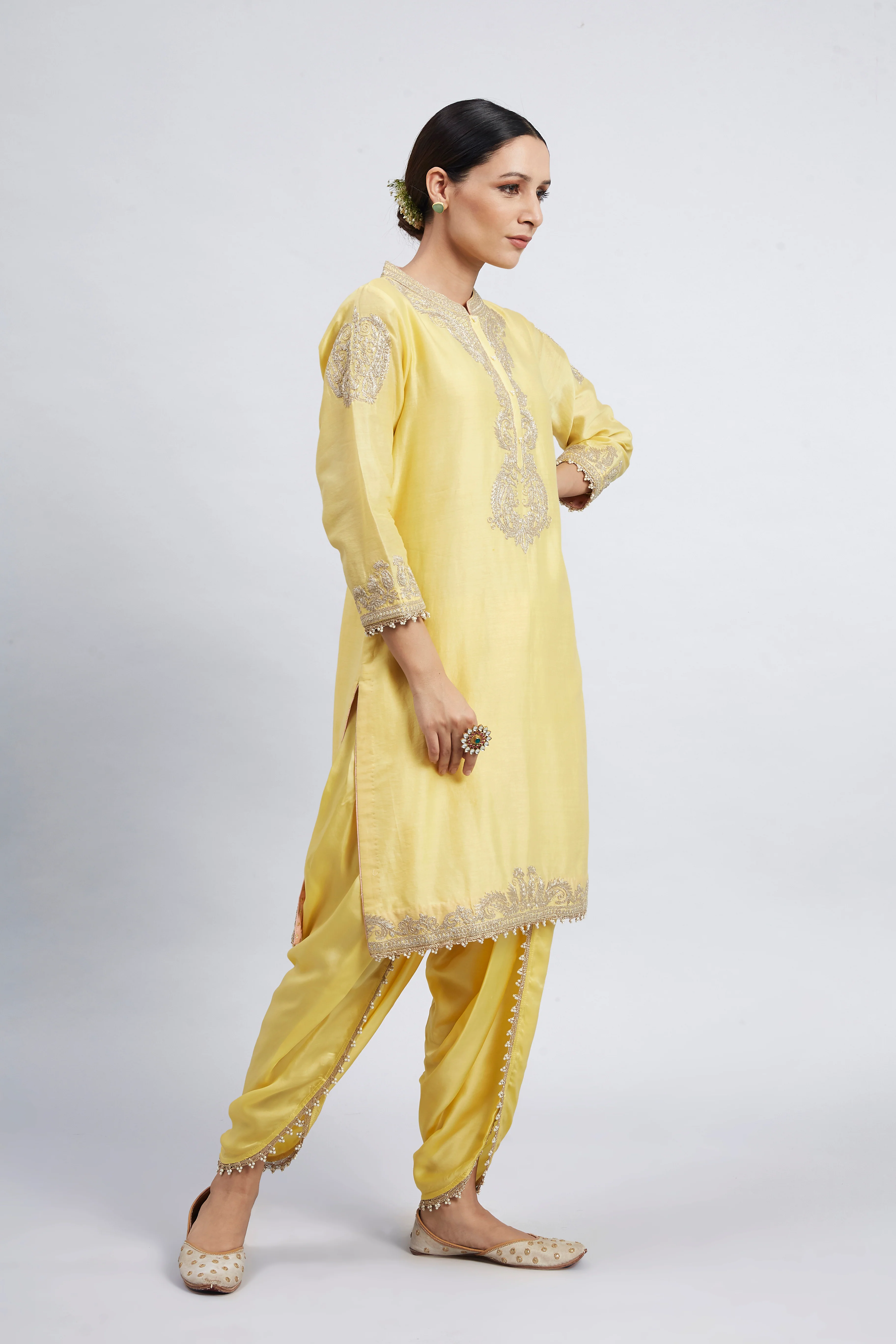 Aabisah- Daffodil Yellow Embroidered Kurta With Dhoti - Image 3