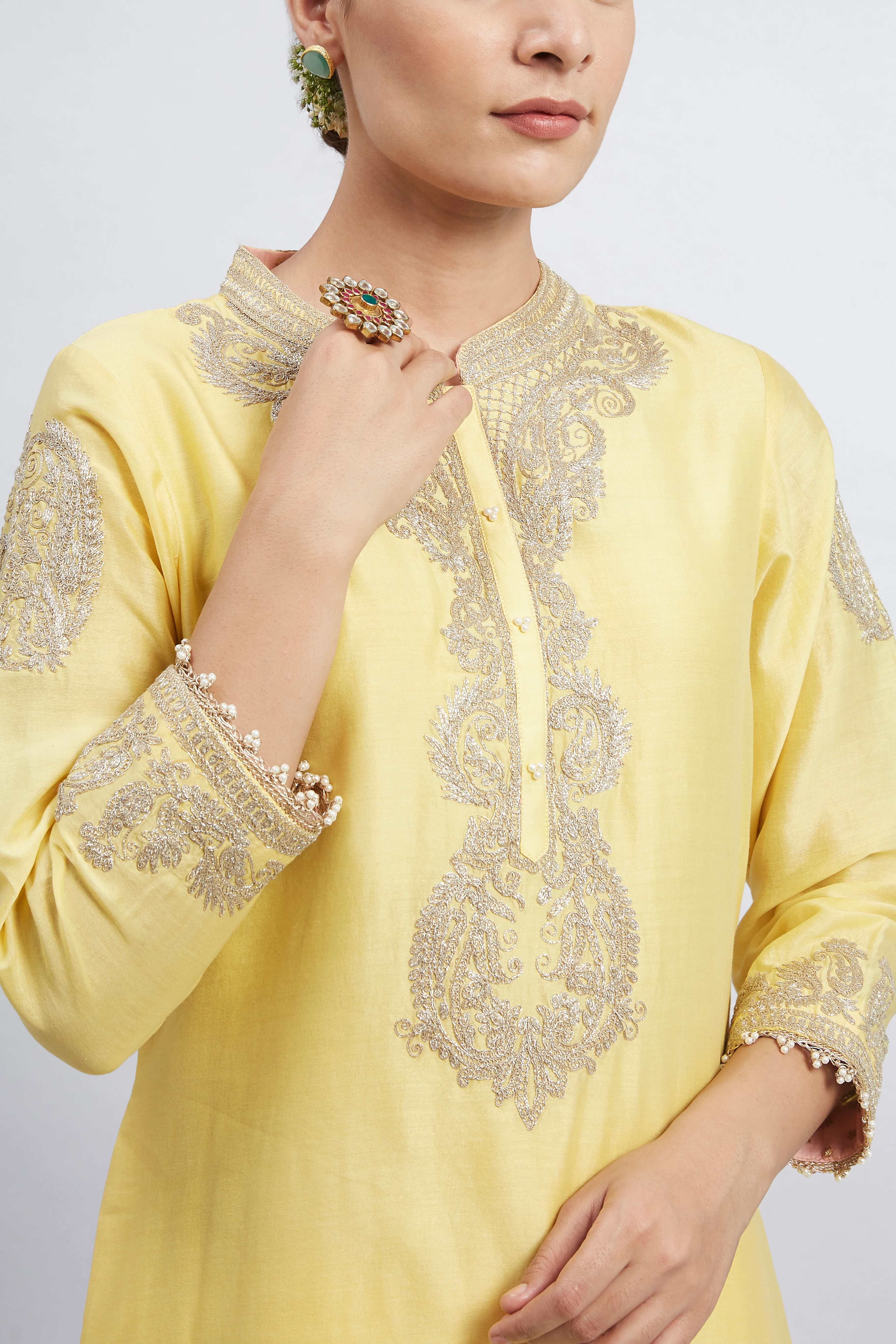 Aabisah- Daffodil Yellow Embroidered Kurta With Dhoti - Image 4