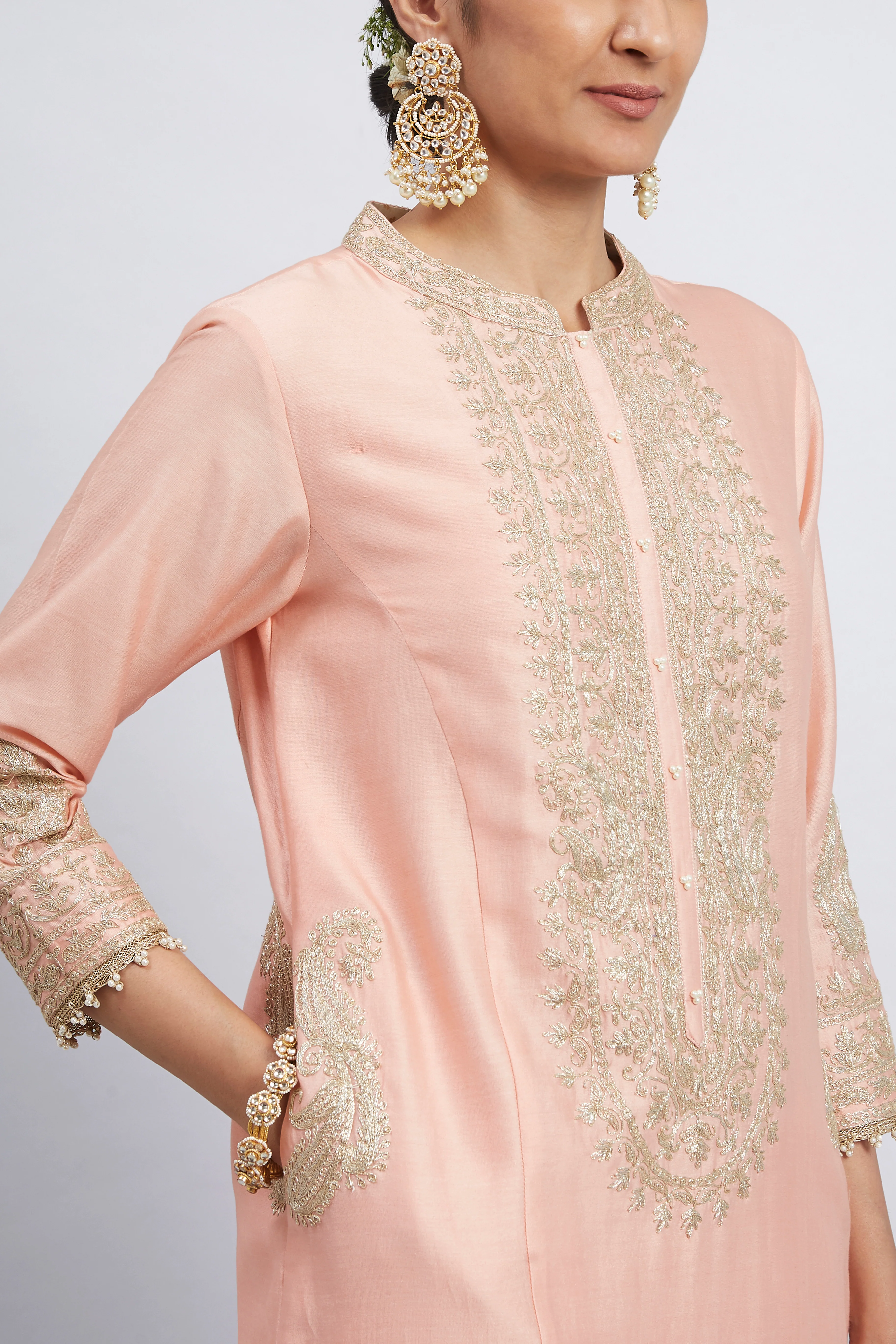 Aadirah- Carnation Pink Embroidered Kurta Set With Side Pockets - Image 3