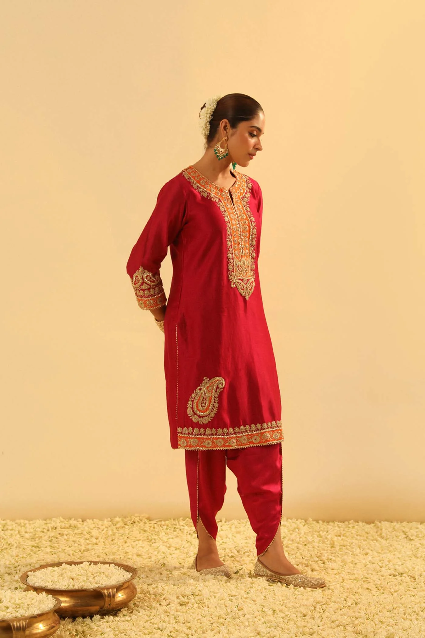 Anjum - Deep Red Short Kurta with Dhoti - Image 3