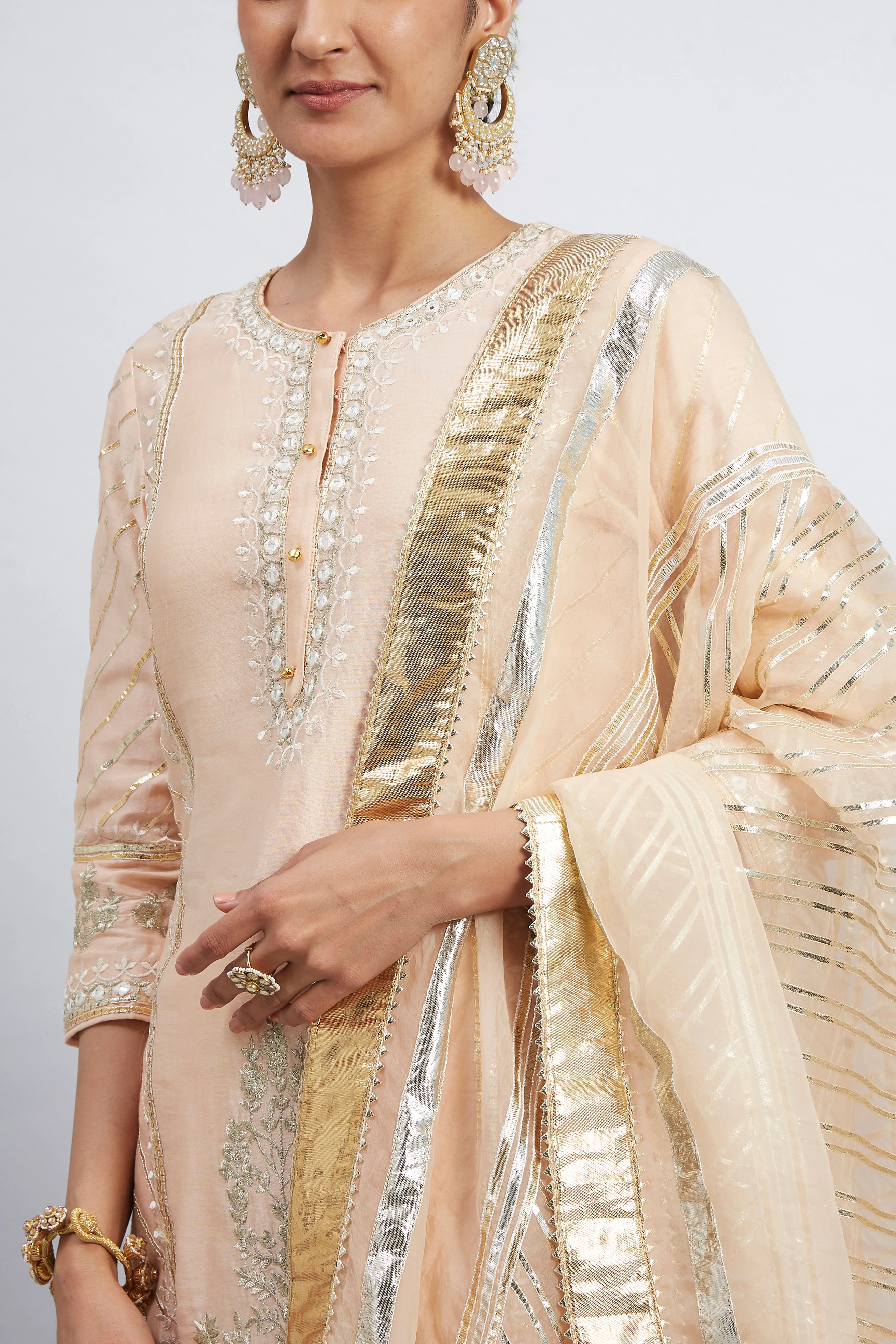Eliza - Peach Chanderi Silk Kurta and Garara Set with Organza dupatta - Image 3