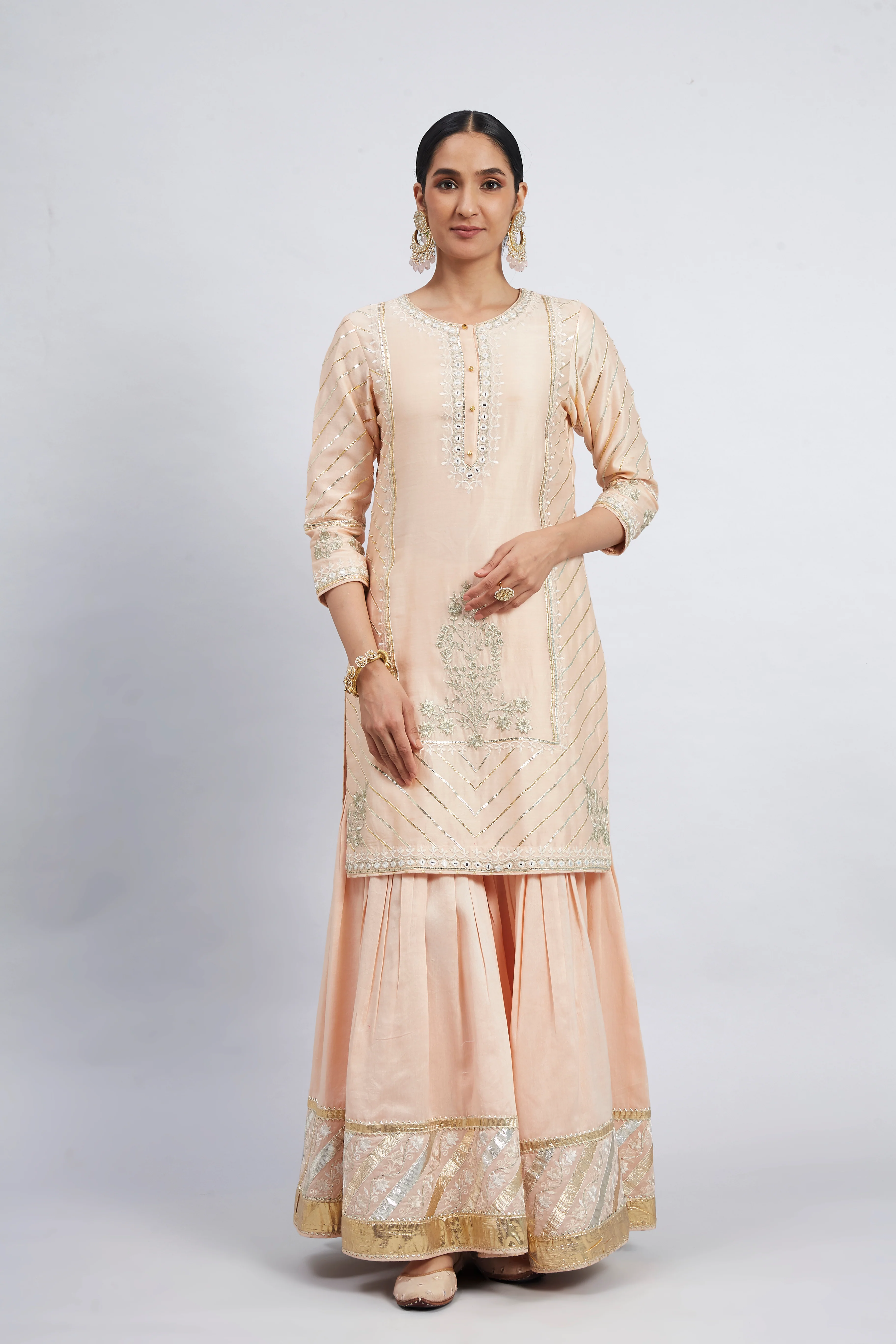 Eliza - Peach Chanderi Silk Kurta and Garara Set with Organza dupatta - Image 4