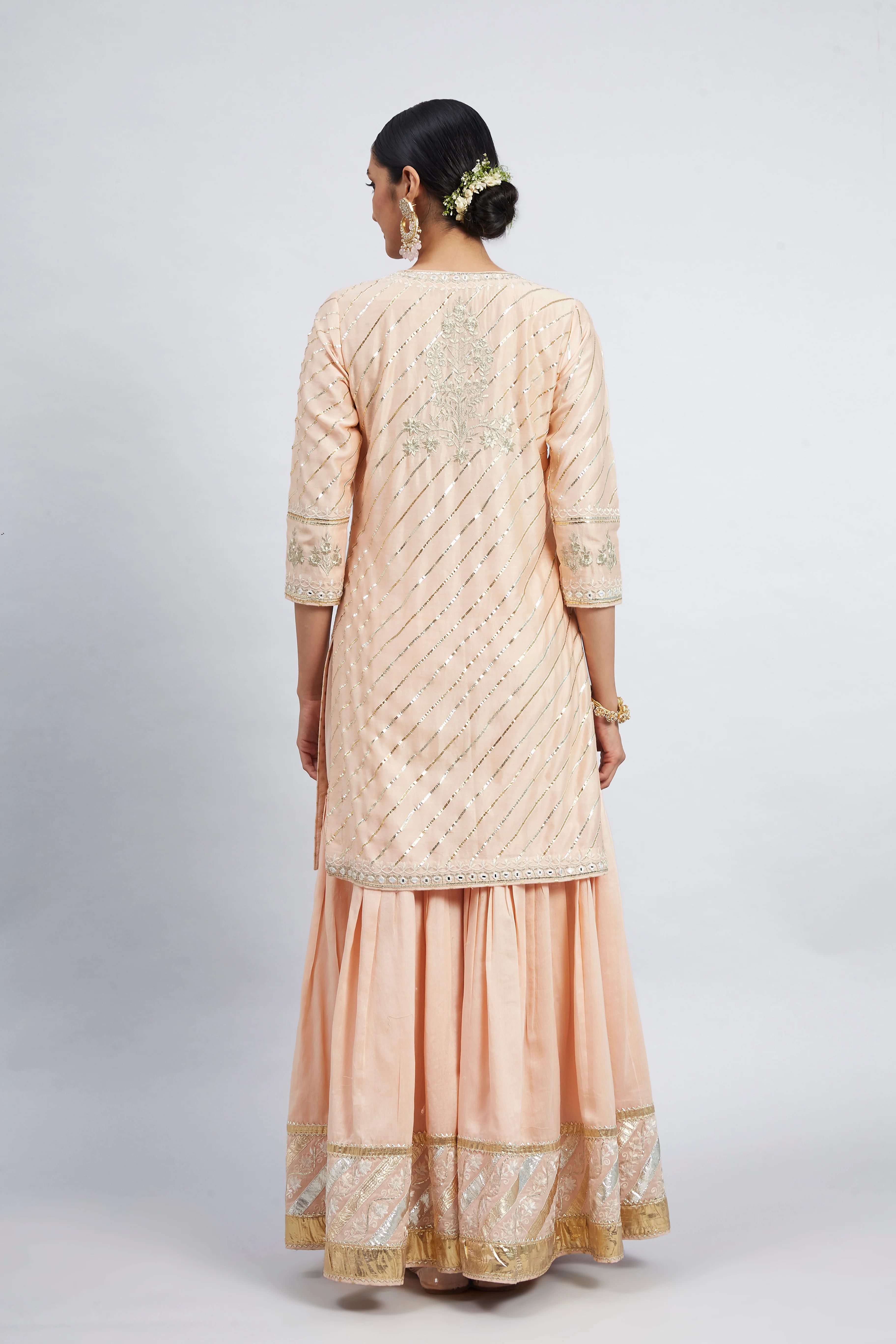 Eliza - Peach Chanderi Silk Kurta and Garara Set with Organza dupatta - Image 5