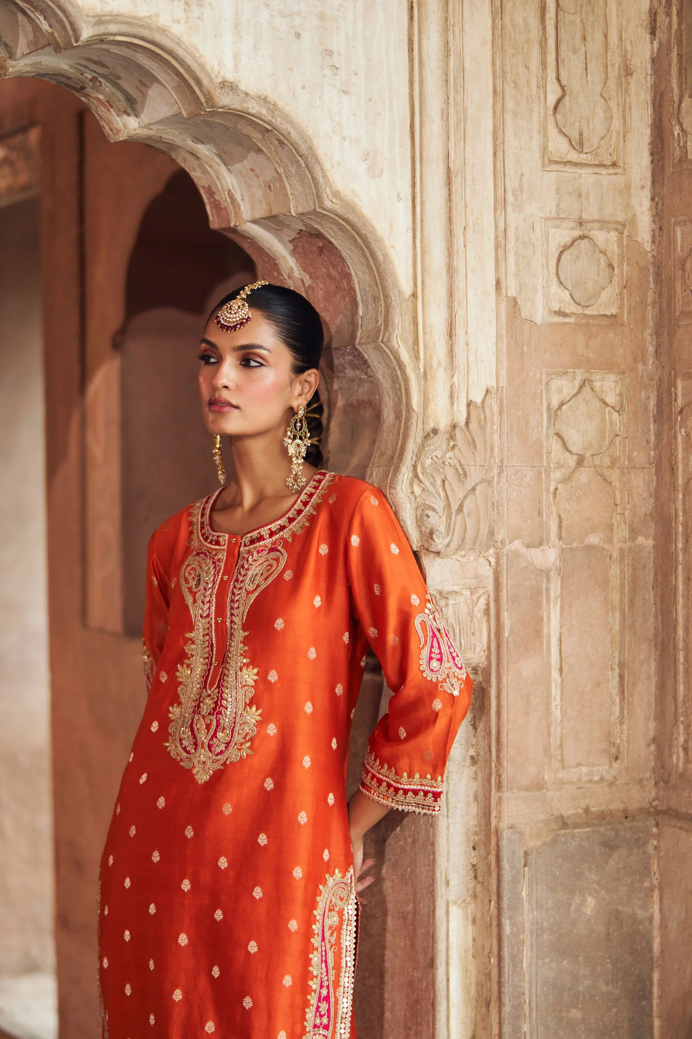 FAHMIDA - BURNT ORANGE SHORT KURTA WITH TULIP PANT - Image 5