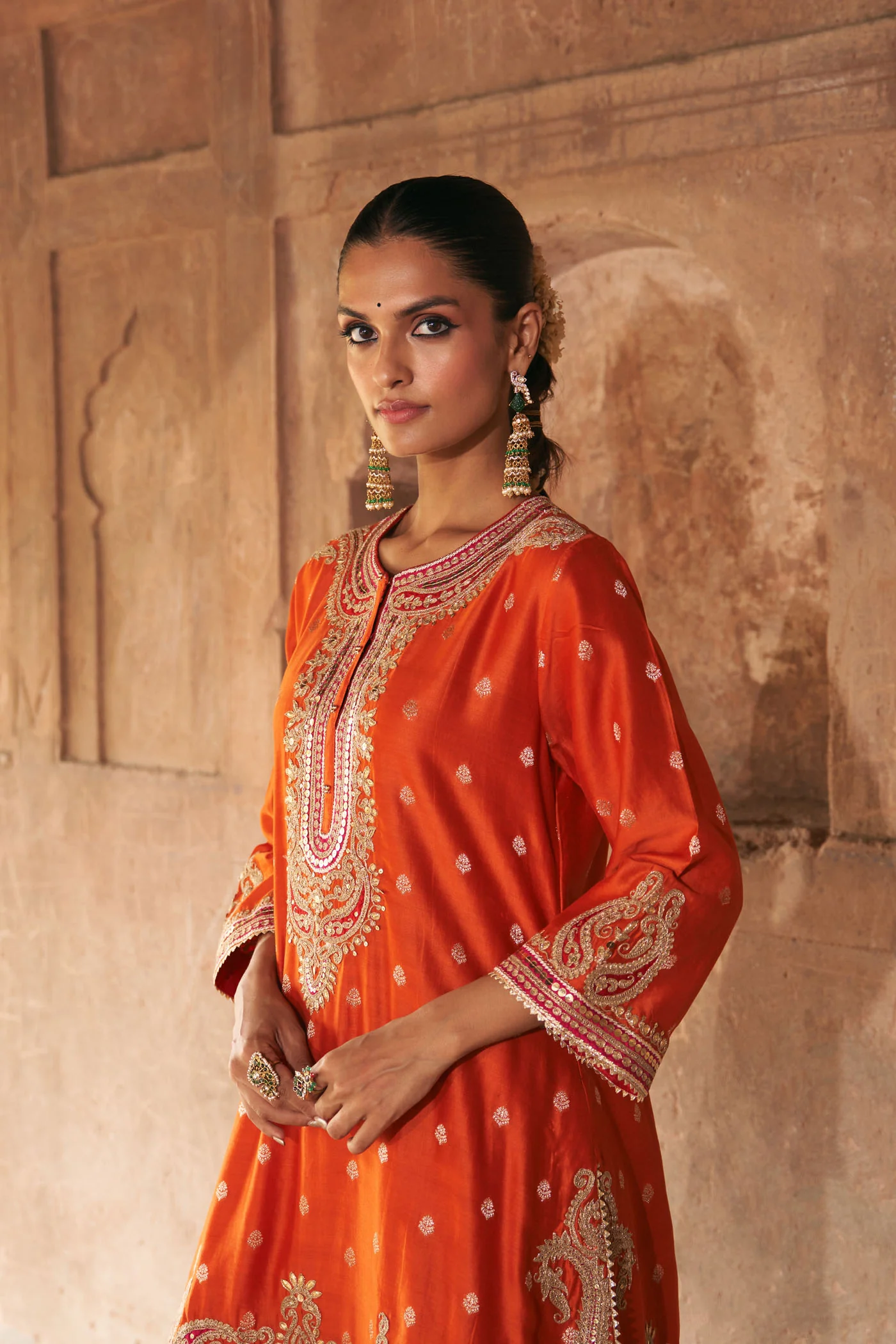 FARHANA - BURNT ORANGE SHORT KURTA WITH SALWAR AND DUPATTA - Image 4