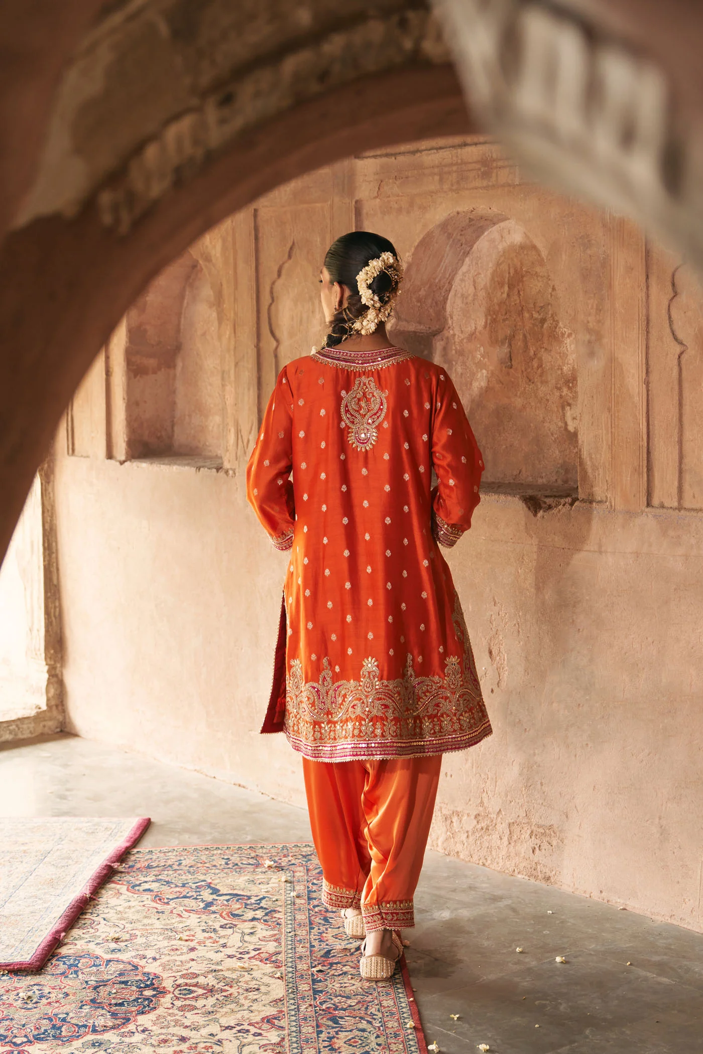 FARHANA - BURNT ORANGE SHORT KURTA WITH SALWAR AND DUPATTA - Image 6