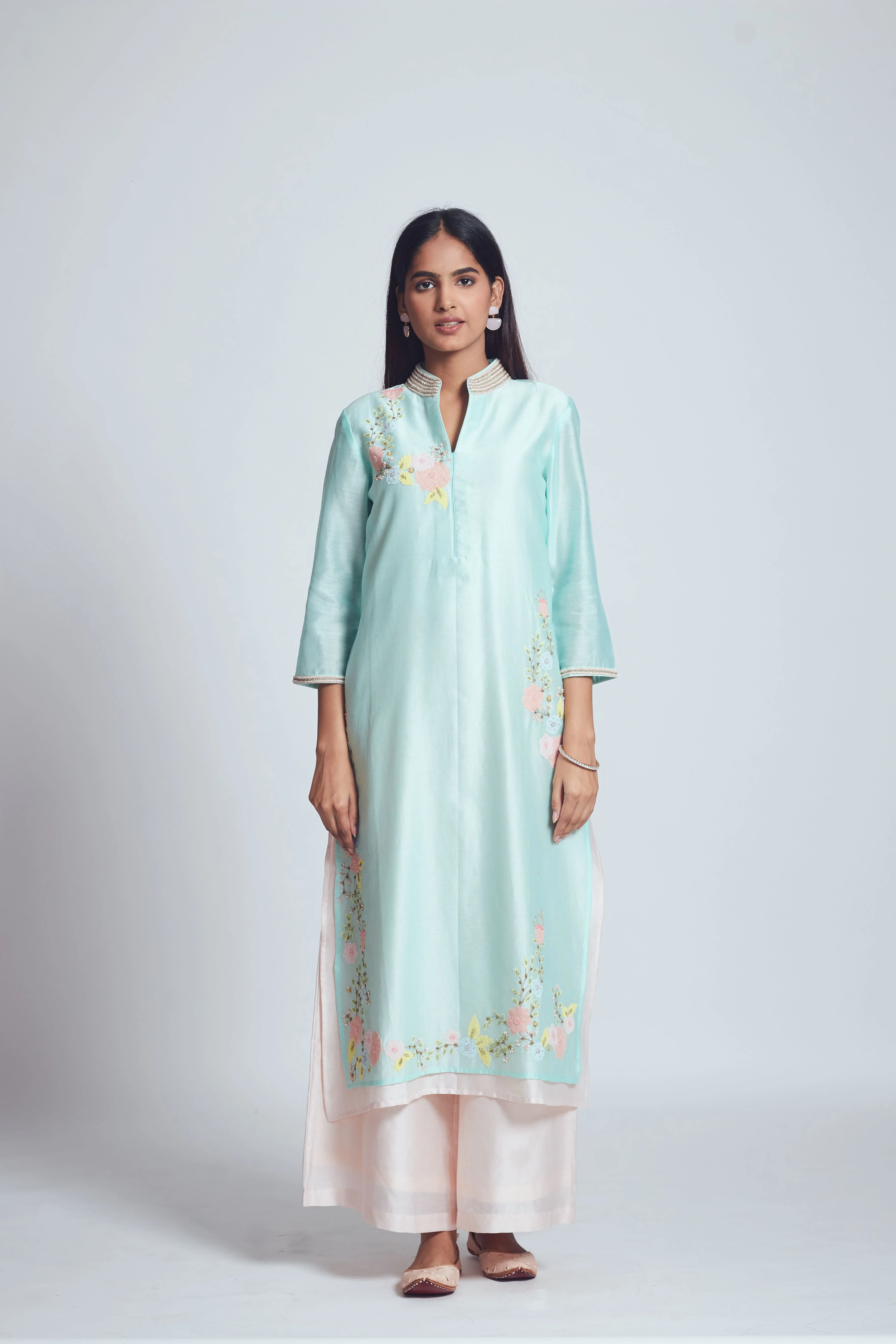 Fiza - Soft Aqua & Blush Pink Kurta and Palazzo Set - Image 3