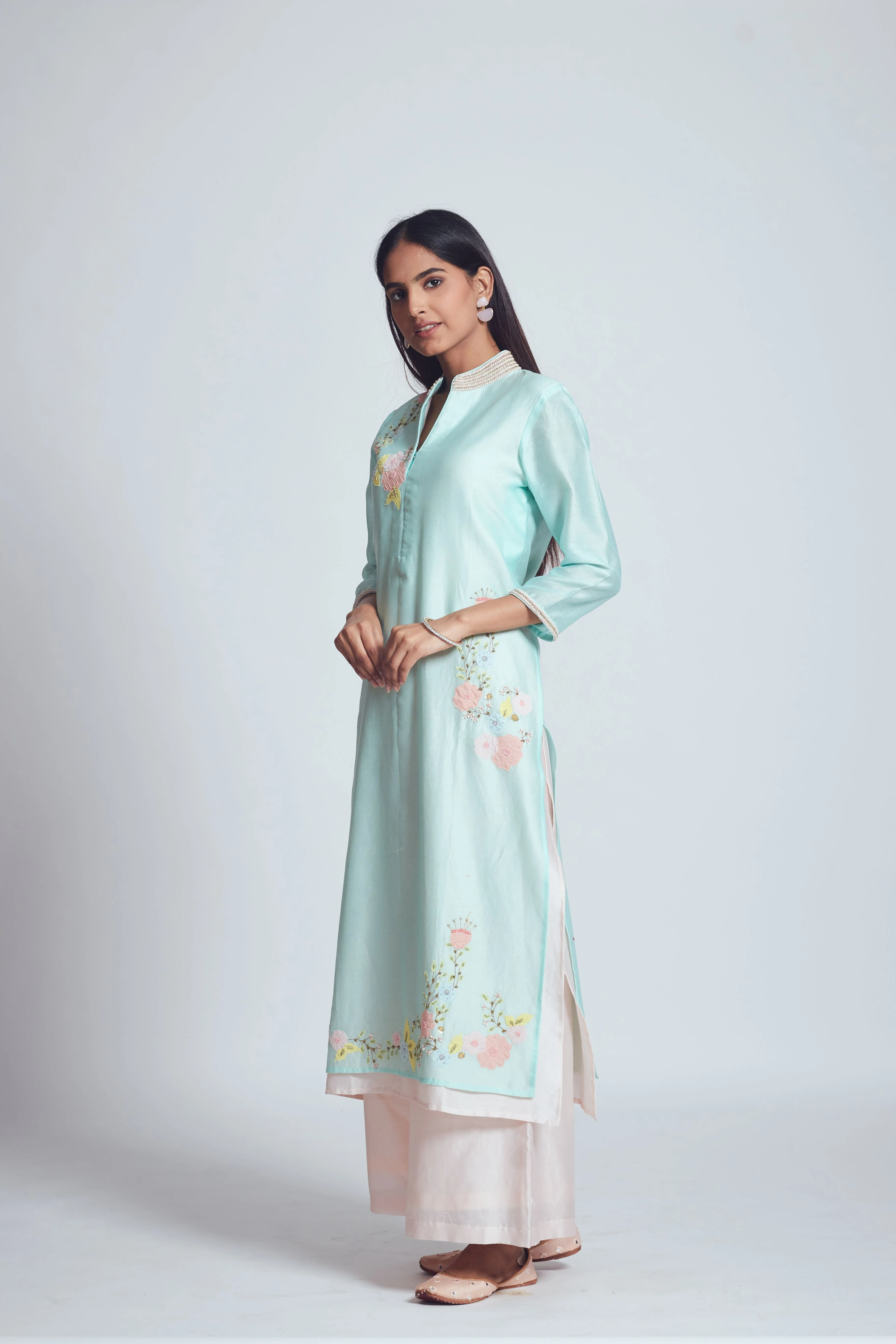 Fiza - Soft Aqua & Blush Pink Kurta and Palazzo Set - Image 4