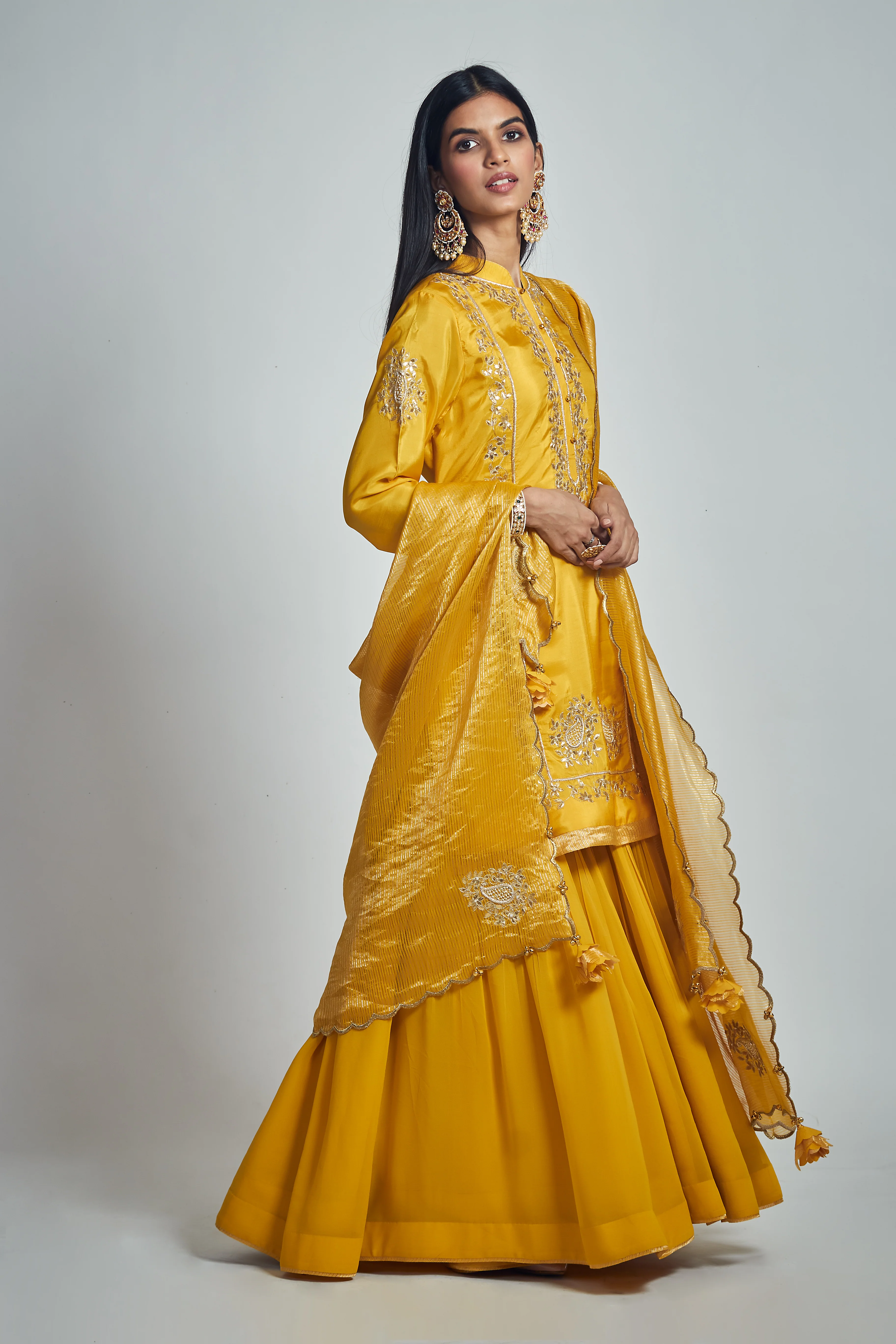 Nasira- Lemon Yellow Habutai silk Gota patti embroidered kurta with garara and dupatta - Image 3