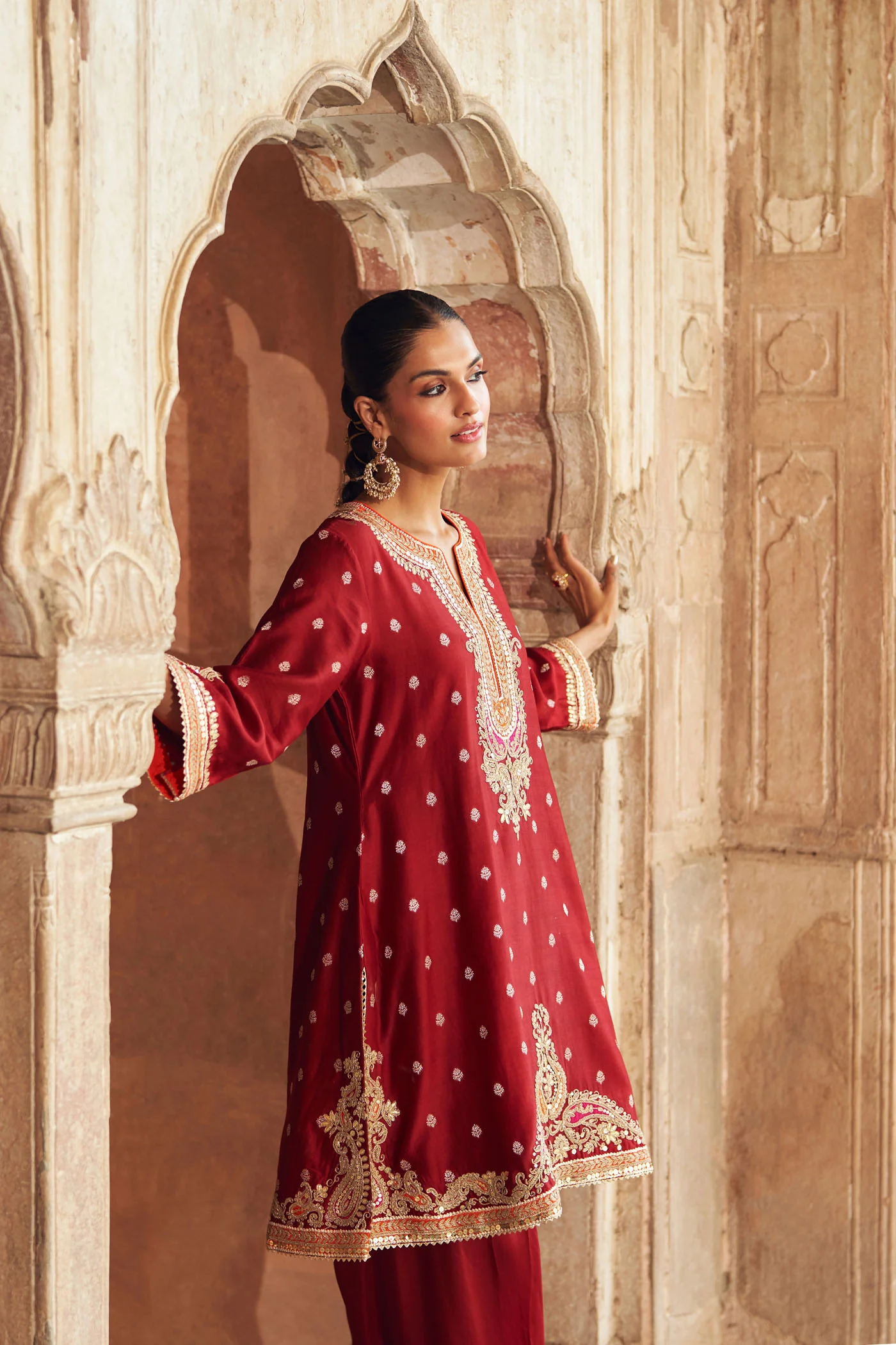 MEHWISH - DEEP RED SHORT KURTA WITH SALWAR AND DUPATTA - Image 3