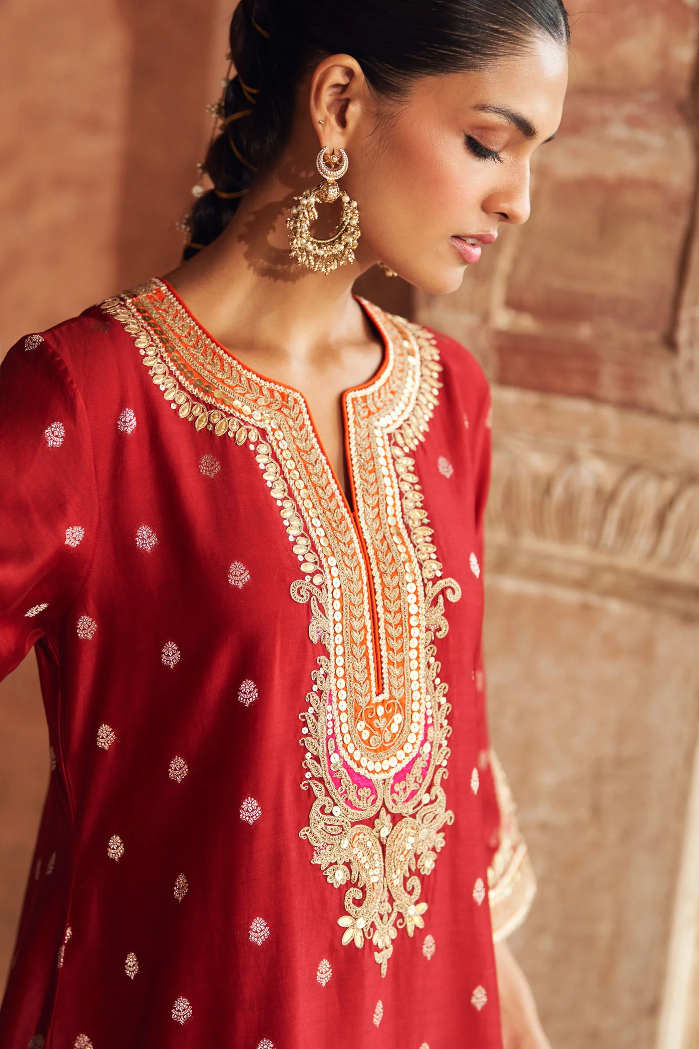 MEHWISH - DEEP RED SHORT KURTA WITH SALWAR AND DUPATTA - Image 4