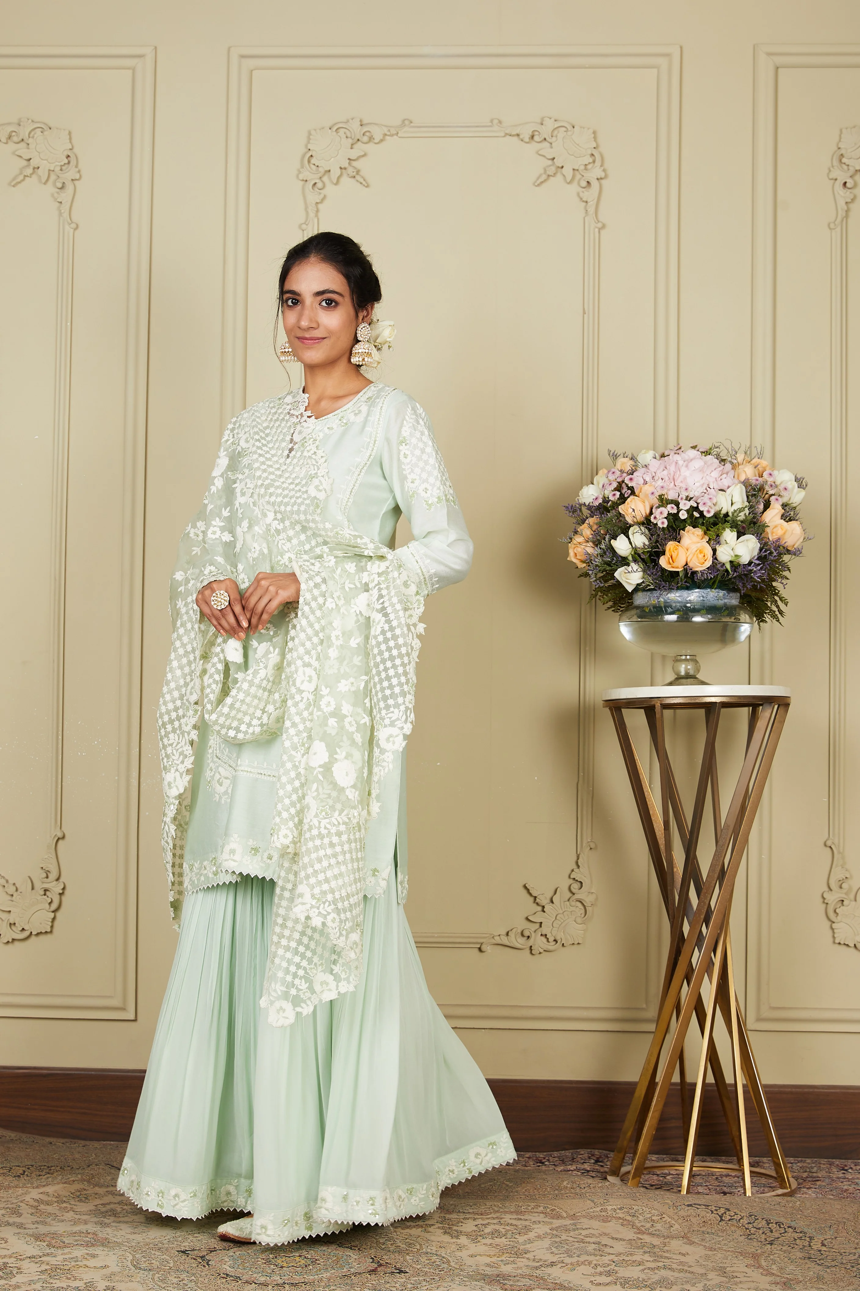 Nargis - Frosty Green Short kurta with garara and dupatta - Image 10