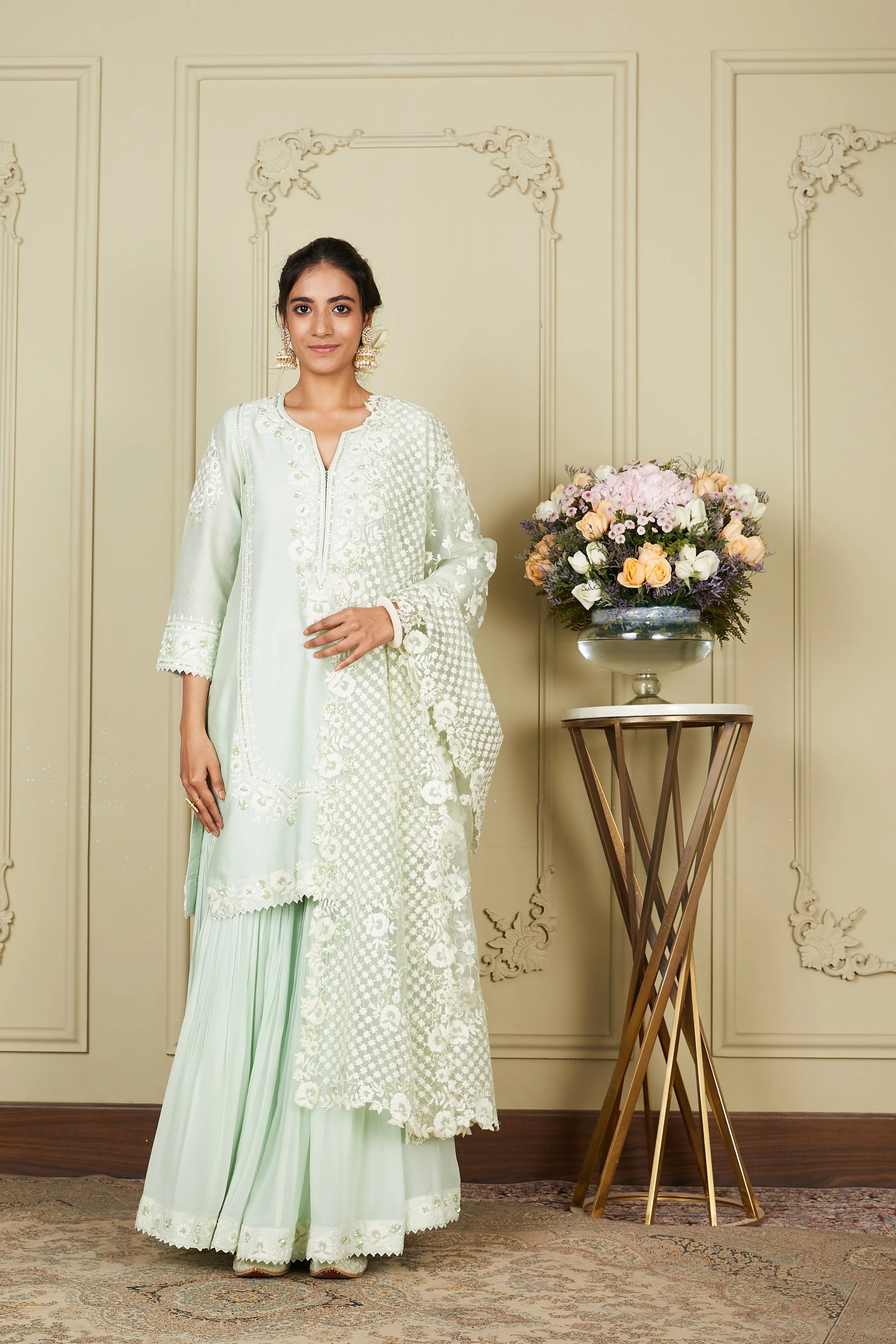 Nargis - Frosty Green Short kurta with garara and dupatta - Image 3
