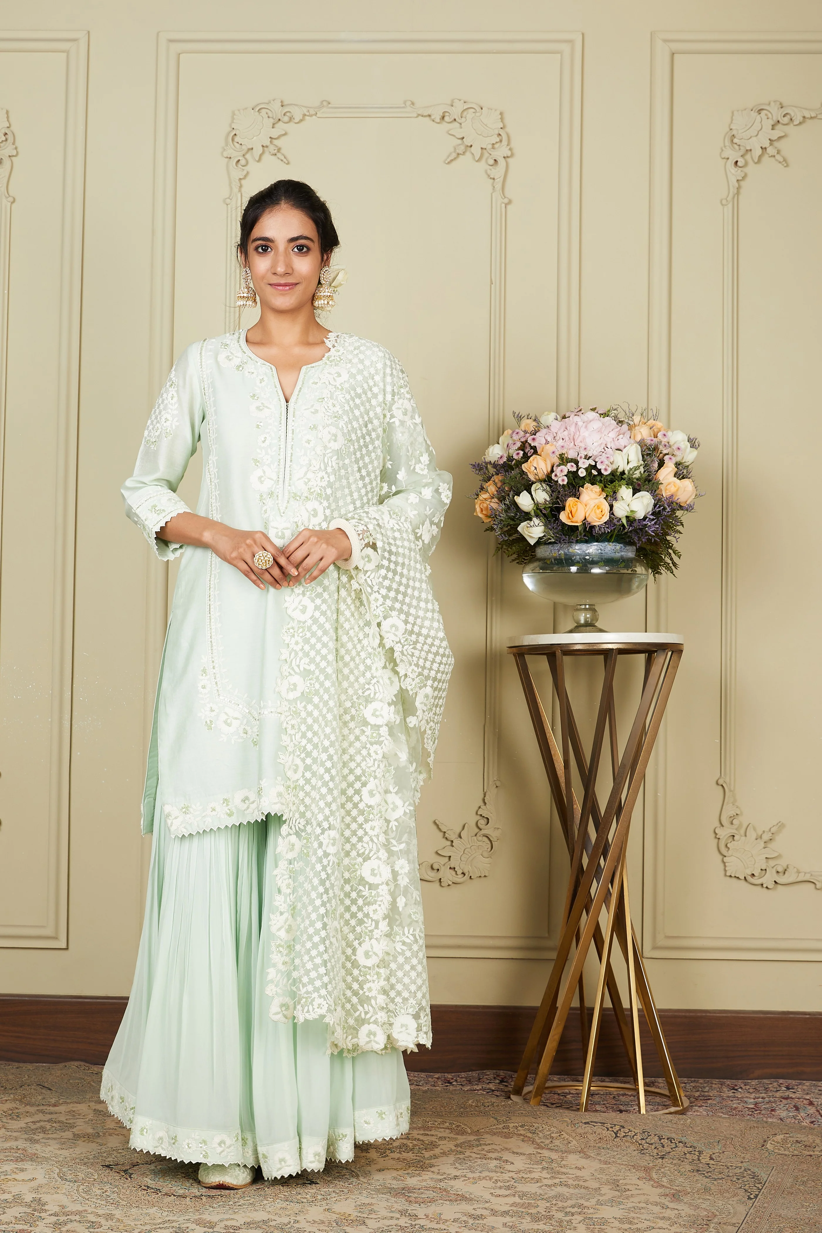 Nargis - Frosty Green Short kurta with garara and dupatta - Image 4