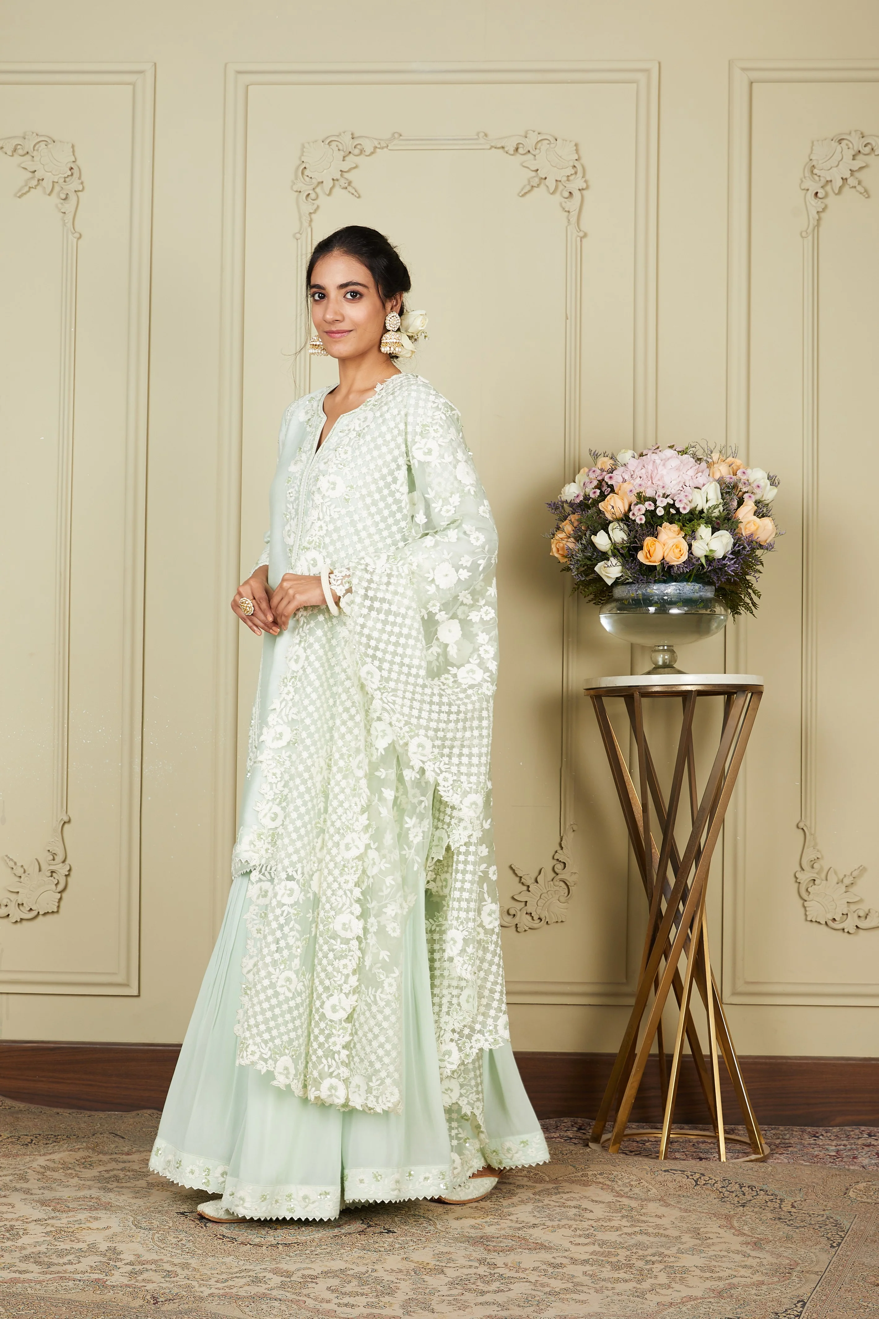 Nargis - Frosty Green Short kurta with garara and dupatta - Image 5