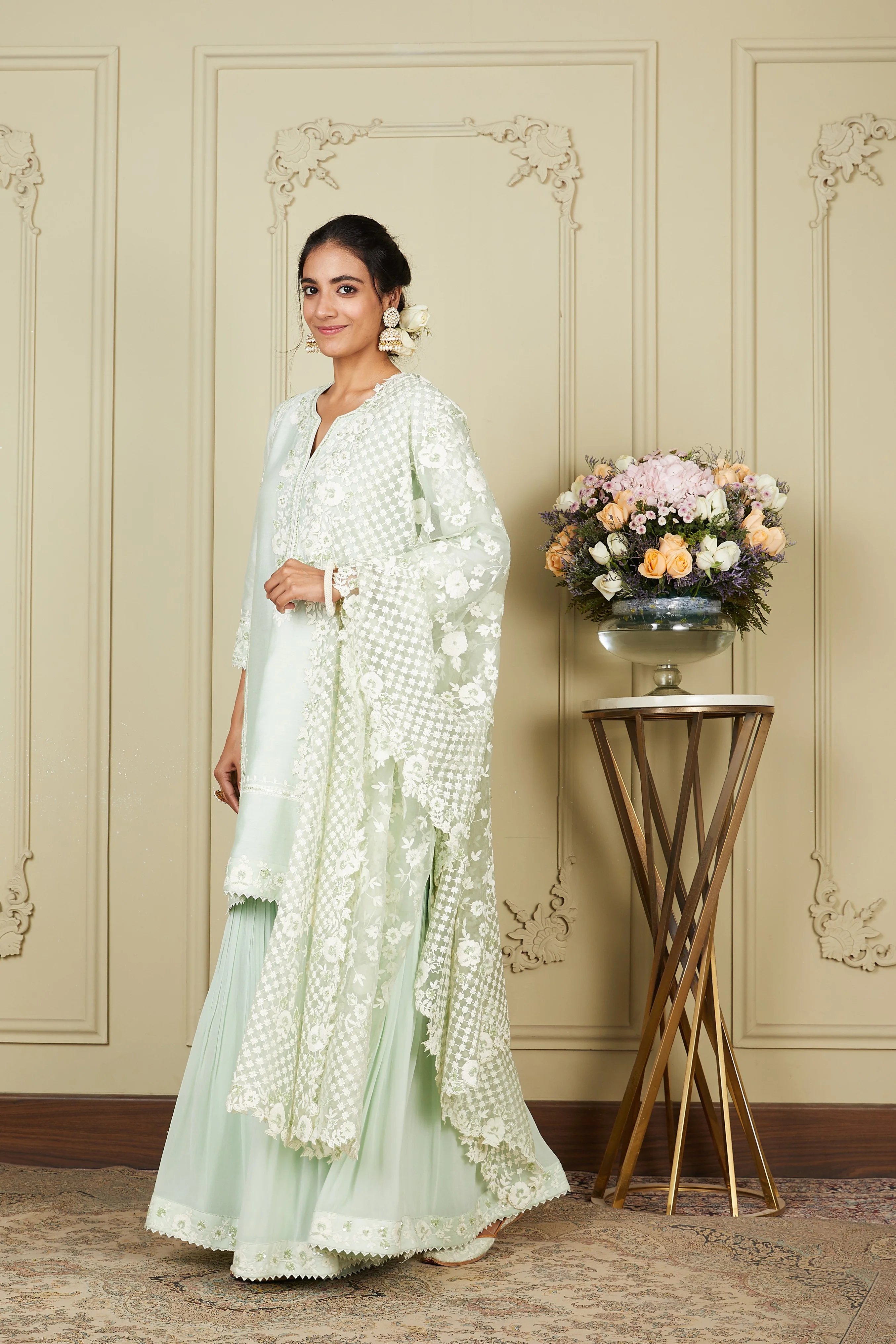 Nargis - Frosty Green Short kurta with garara and dupatta - Image 6