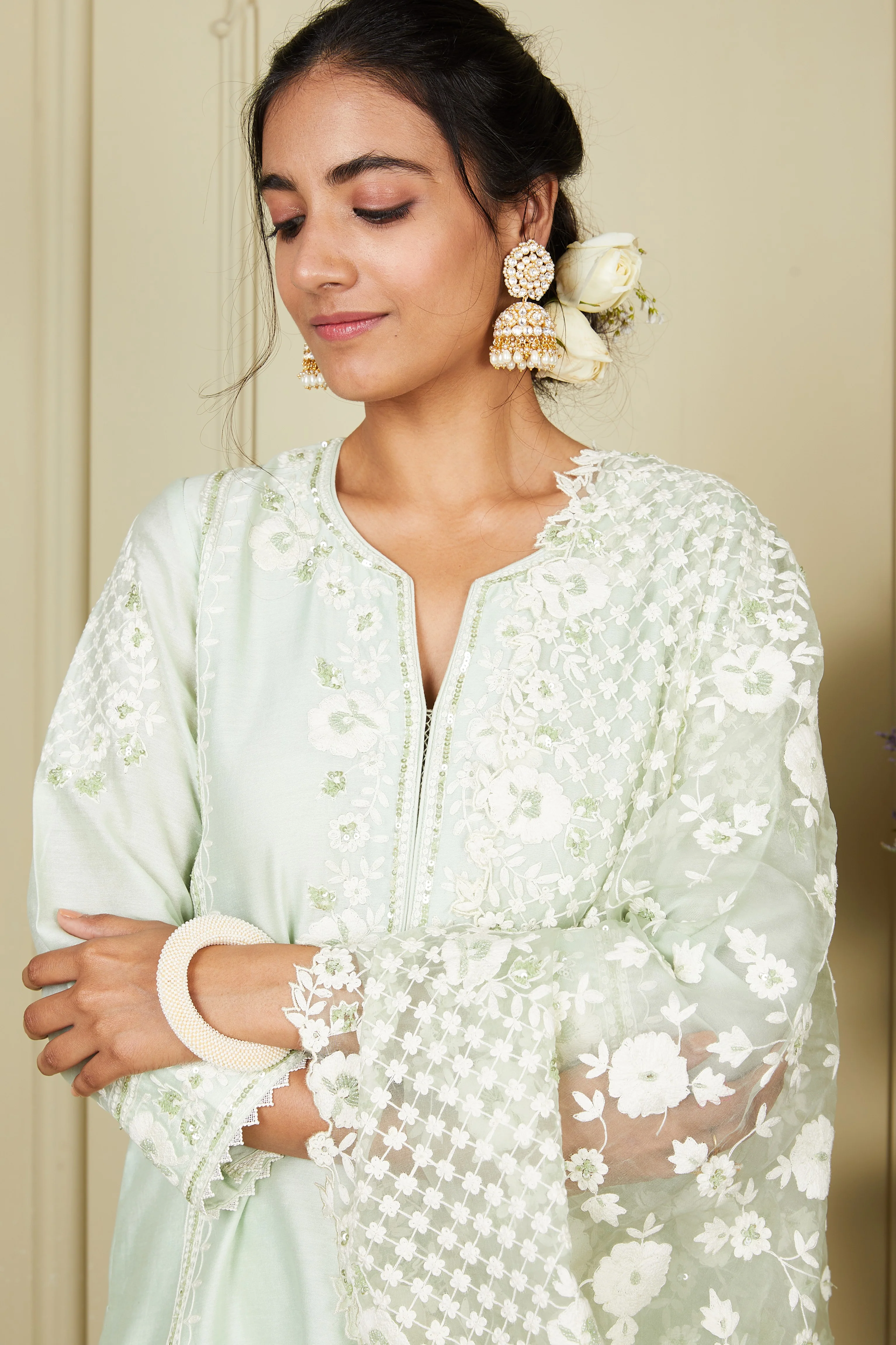 Nargis - Frosty Green Short kurta with garara and dupatta - Image 7