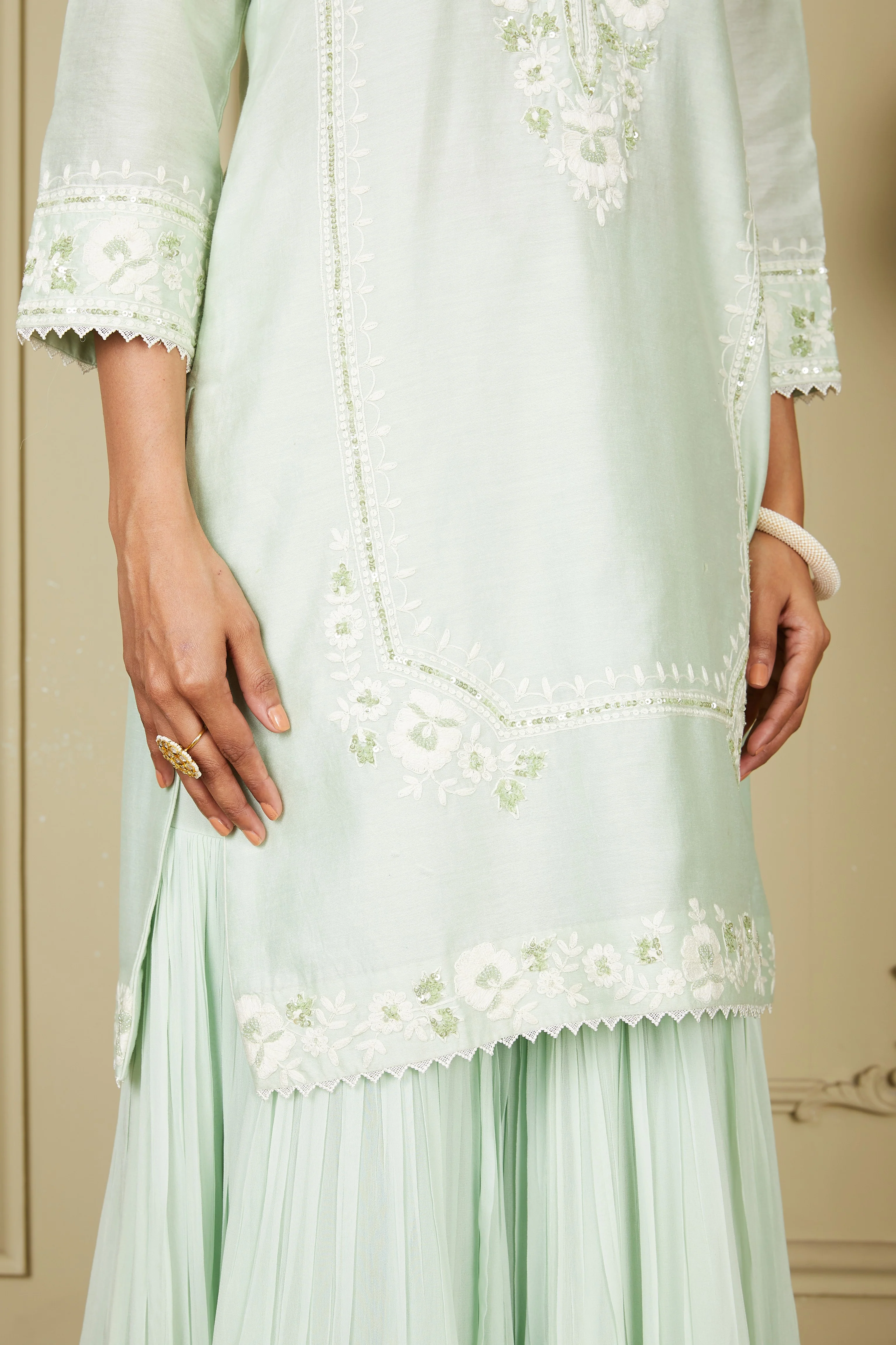 Nargis - Frosty Green Short kurta with garara and dupatta - Image 8