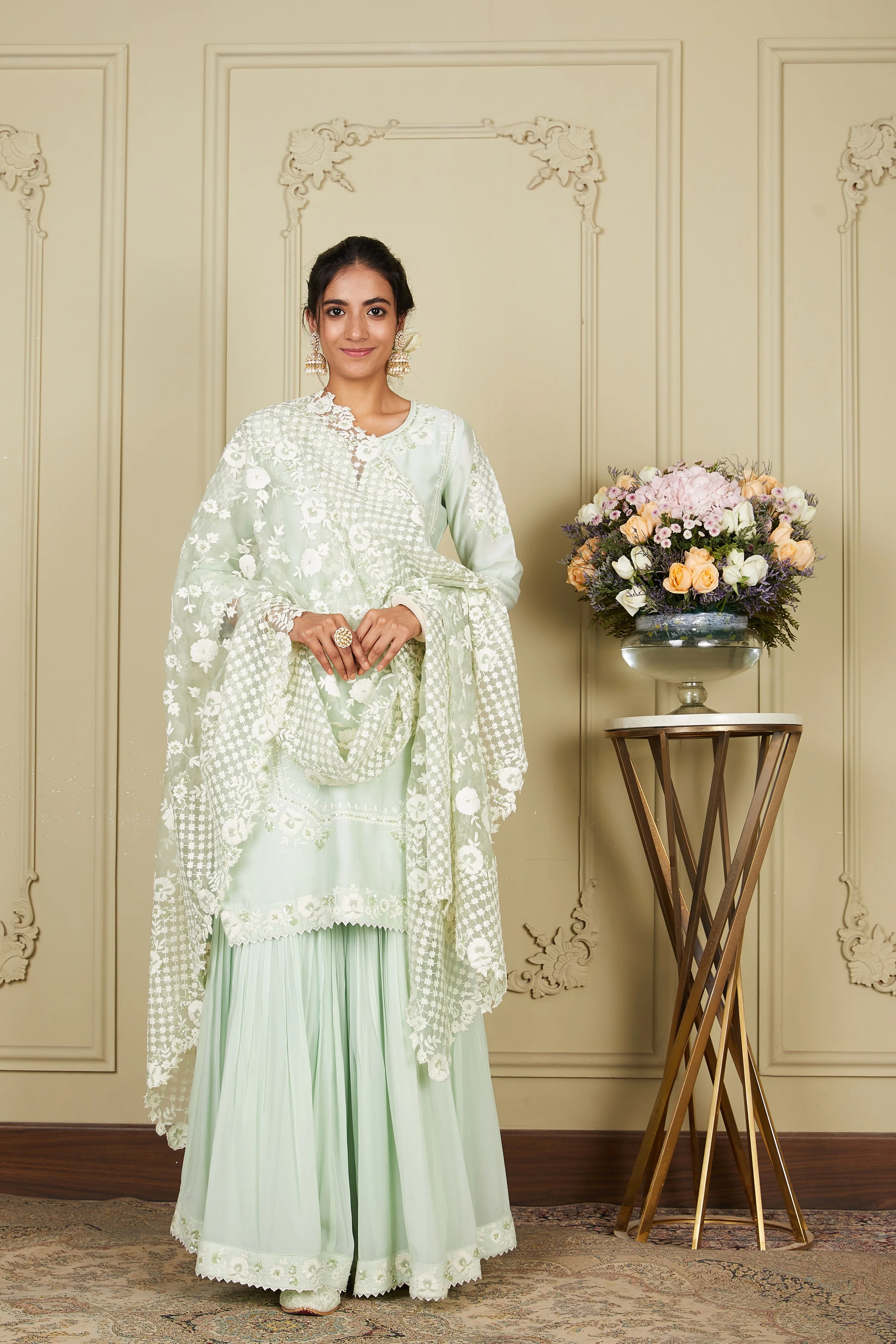 Nargis - Frosty Green Short kurta with garara and dupatta - Image 9