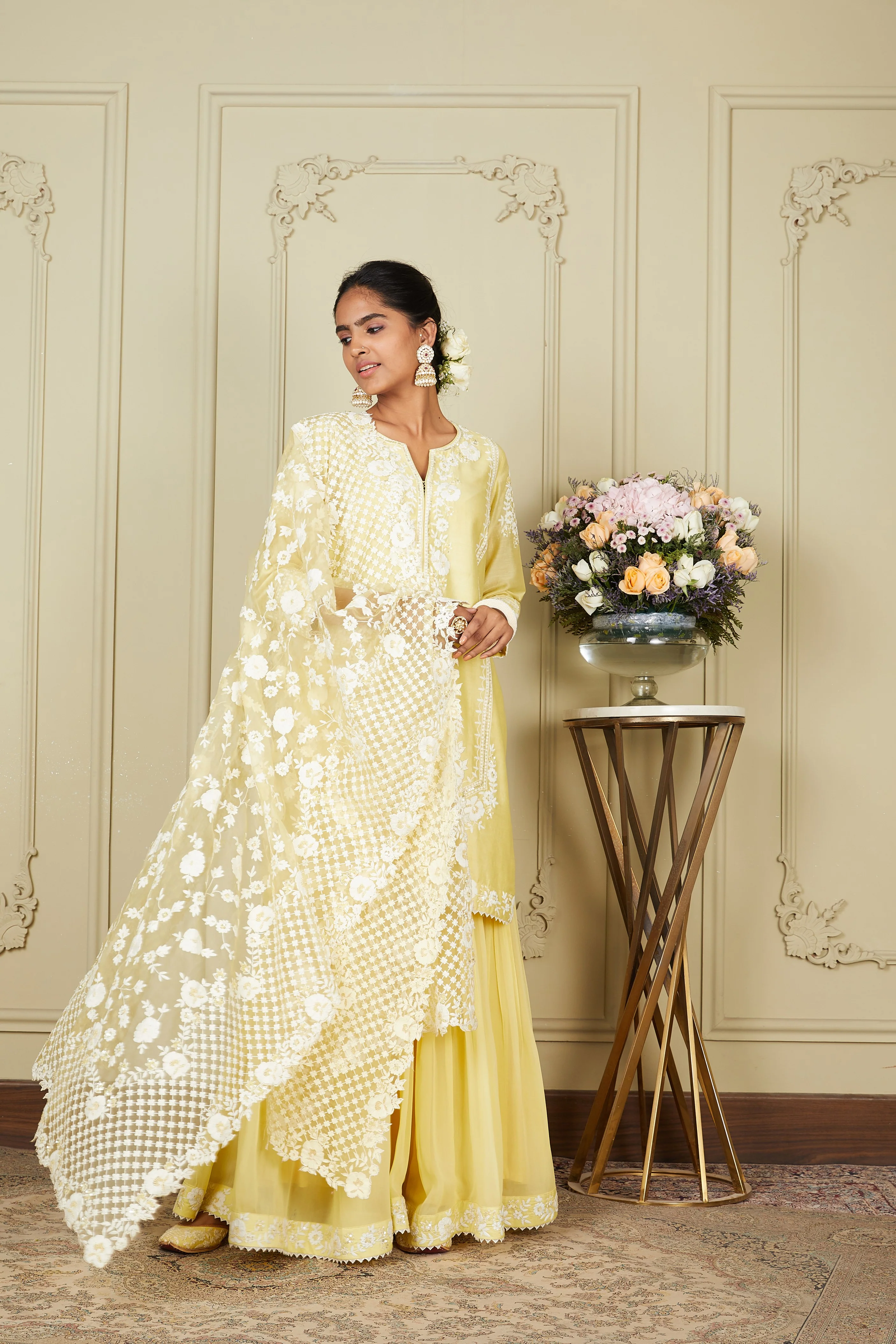 Nargis - Lemon Yellow Short kurta with garara and dupatta - Image 3