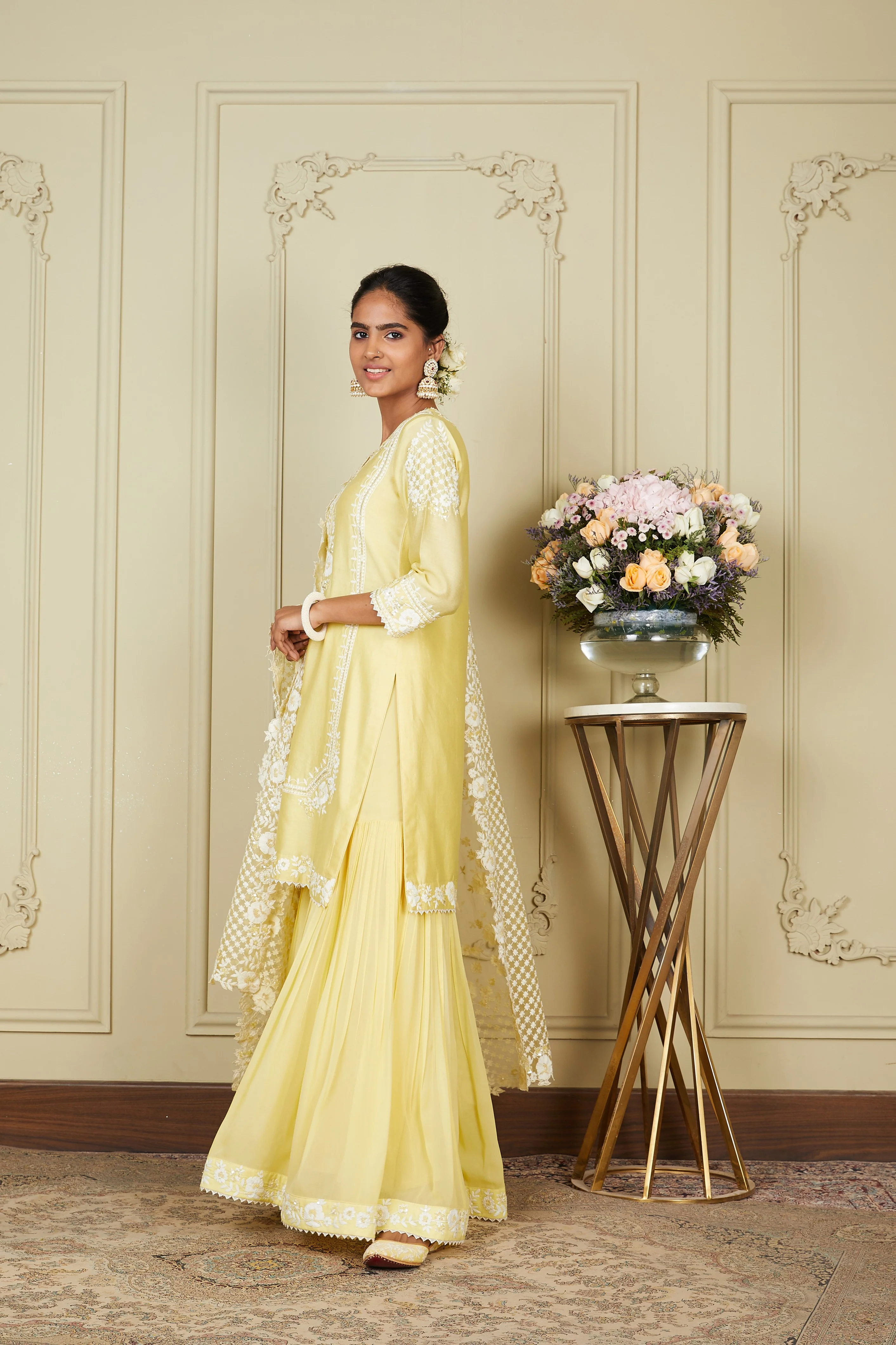 Nargis - Lemon Yellow Short kurta with garara and dupatta - Image 4