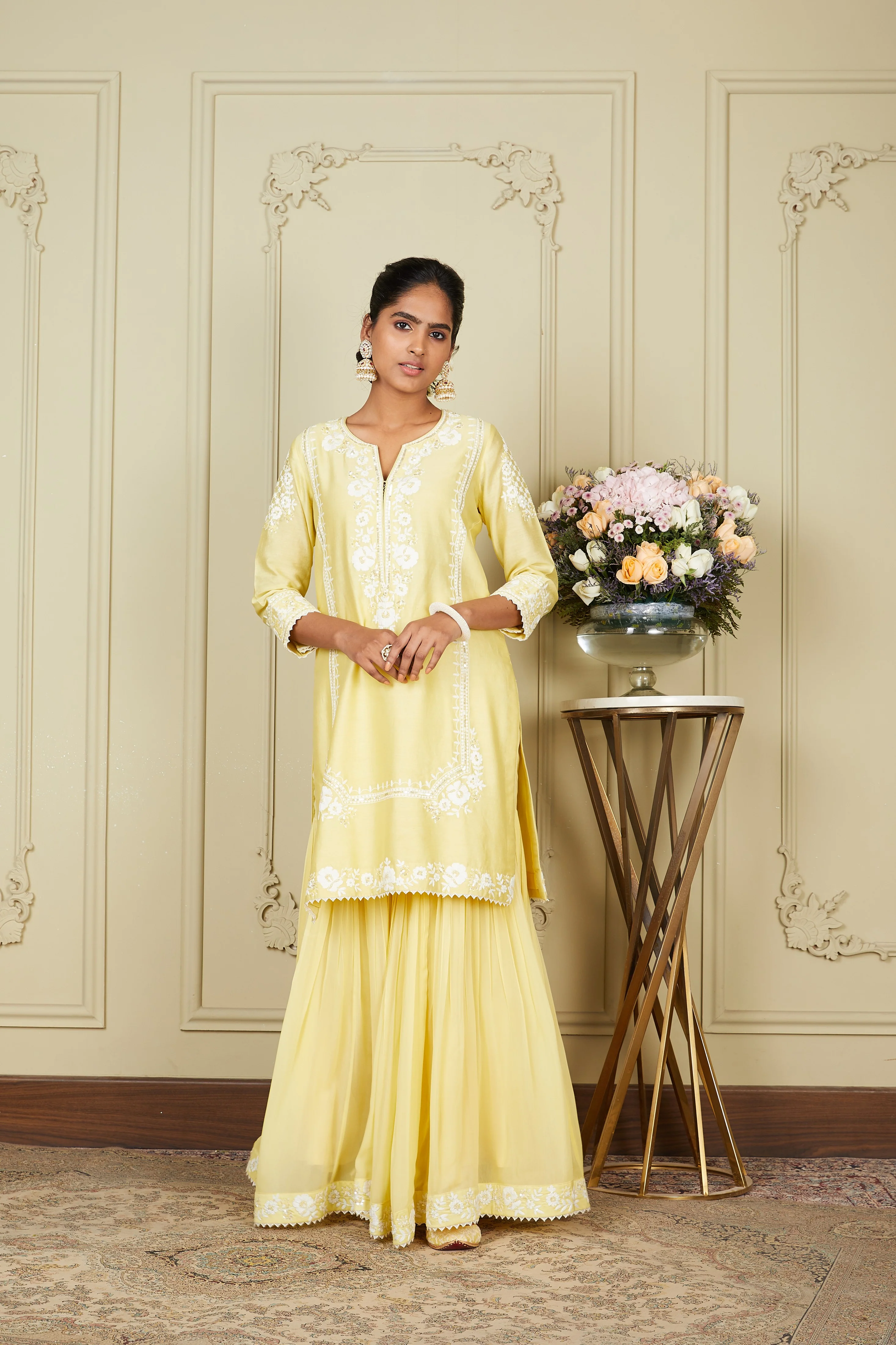 Nargis - Lemon Yellow Short kurta with garara and dupatta - Image 8