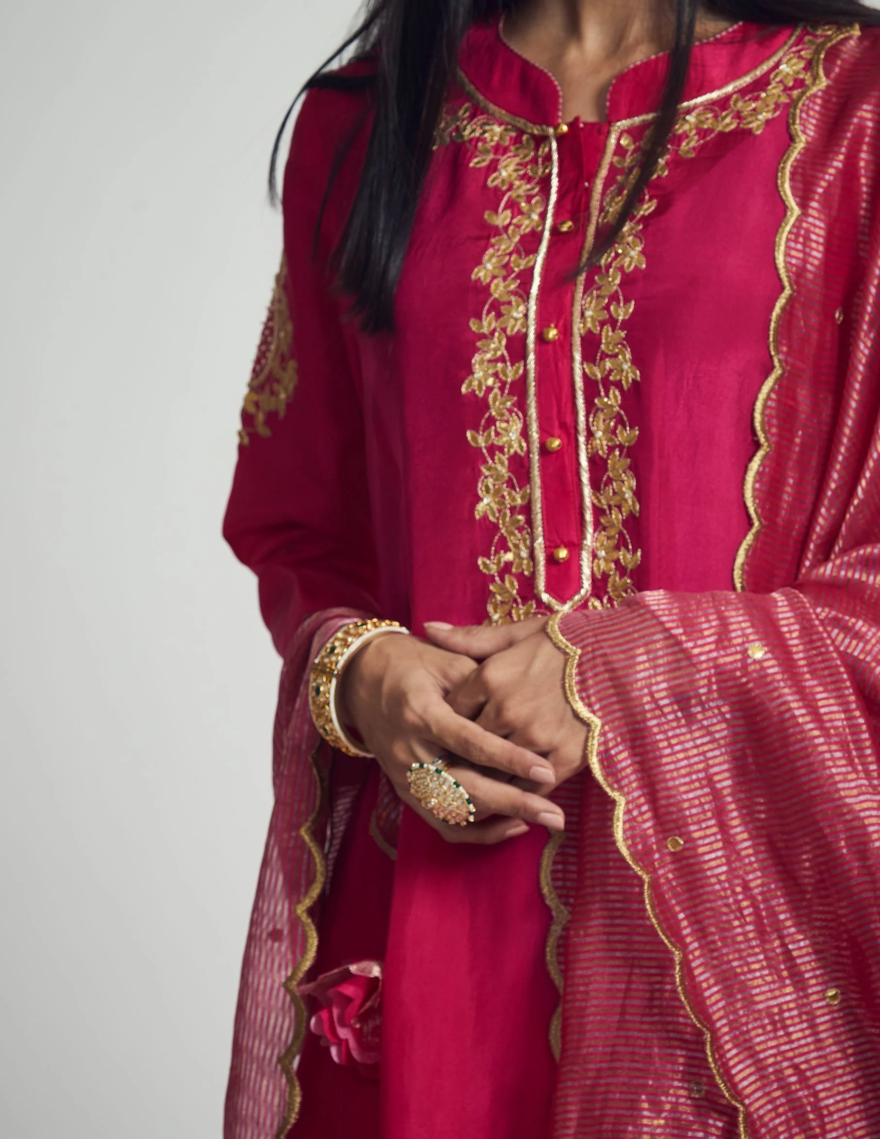 Nazish- Rani Hotpink Habutai silk Gota Patti embroidered kurta with salwar and dupatta - Image 4