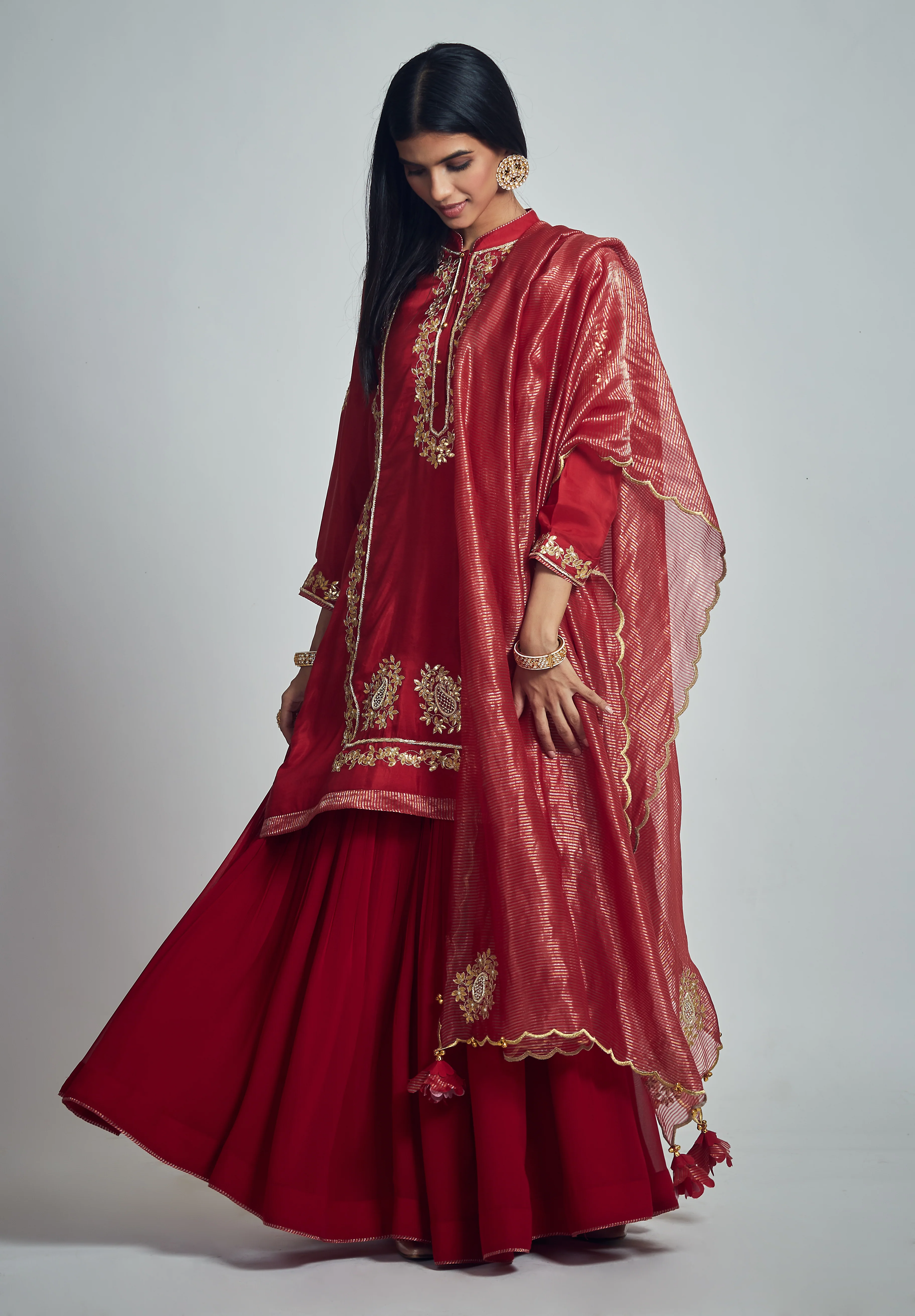 Nasira- Deep red habutai silk Gota patti embroidered kurta with garara and dupatta - Image 3