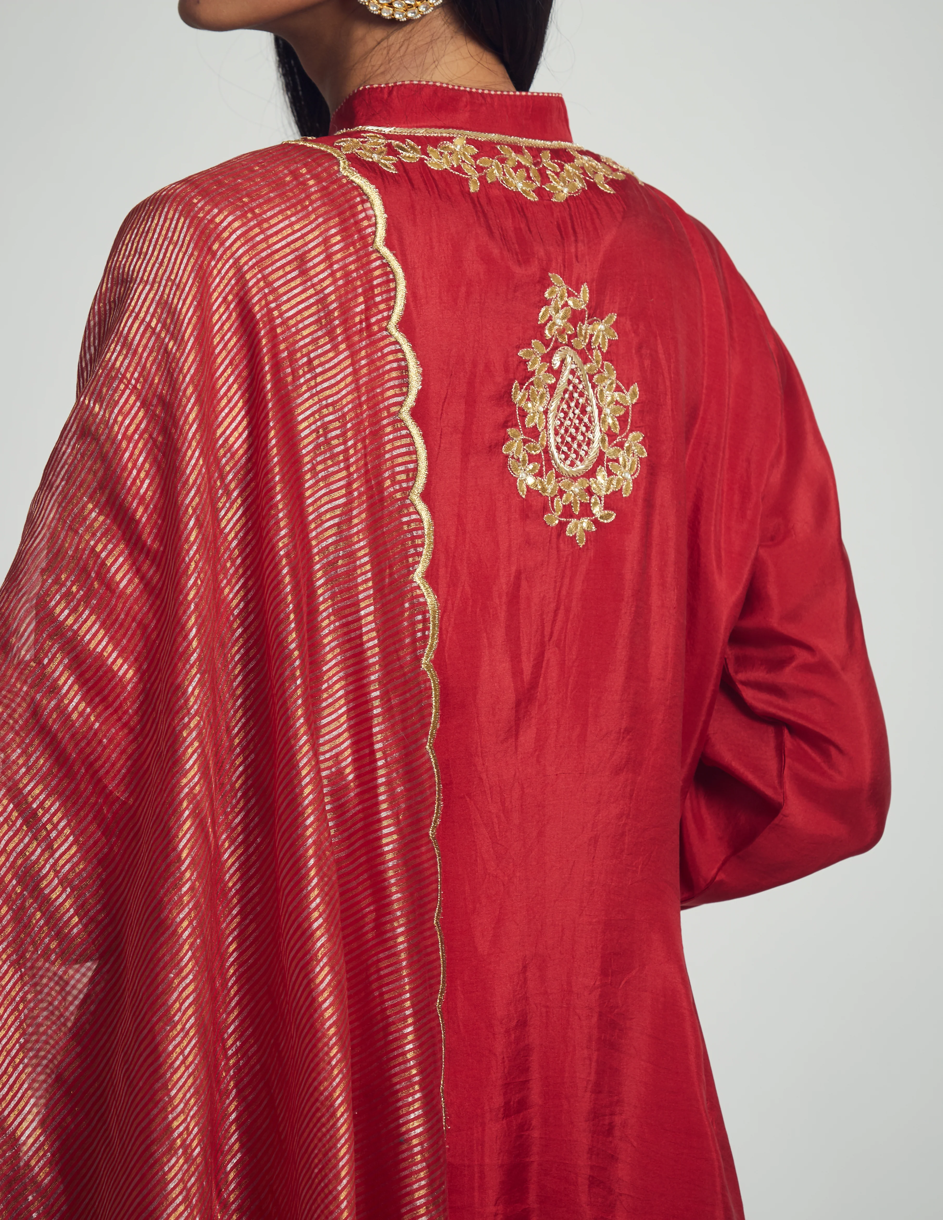 Nasira- Deep red habutai silk Gota patti embroidered kurta with garara and dupatta - Image 4