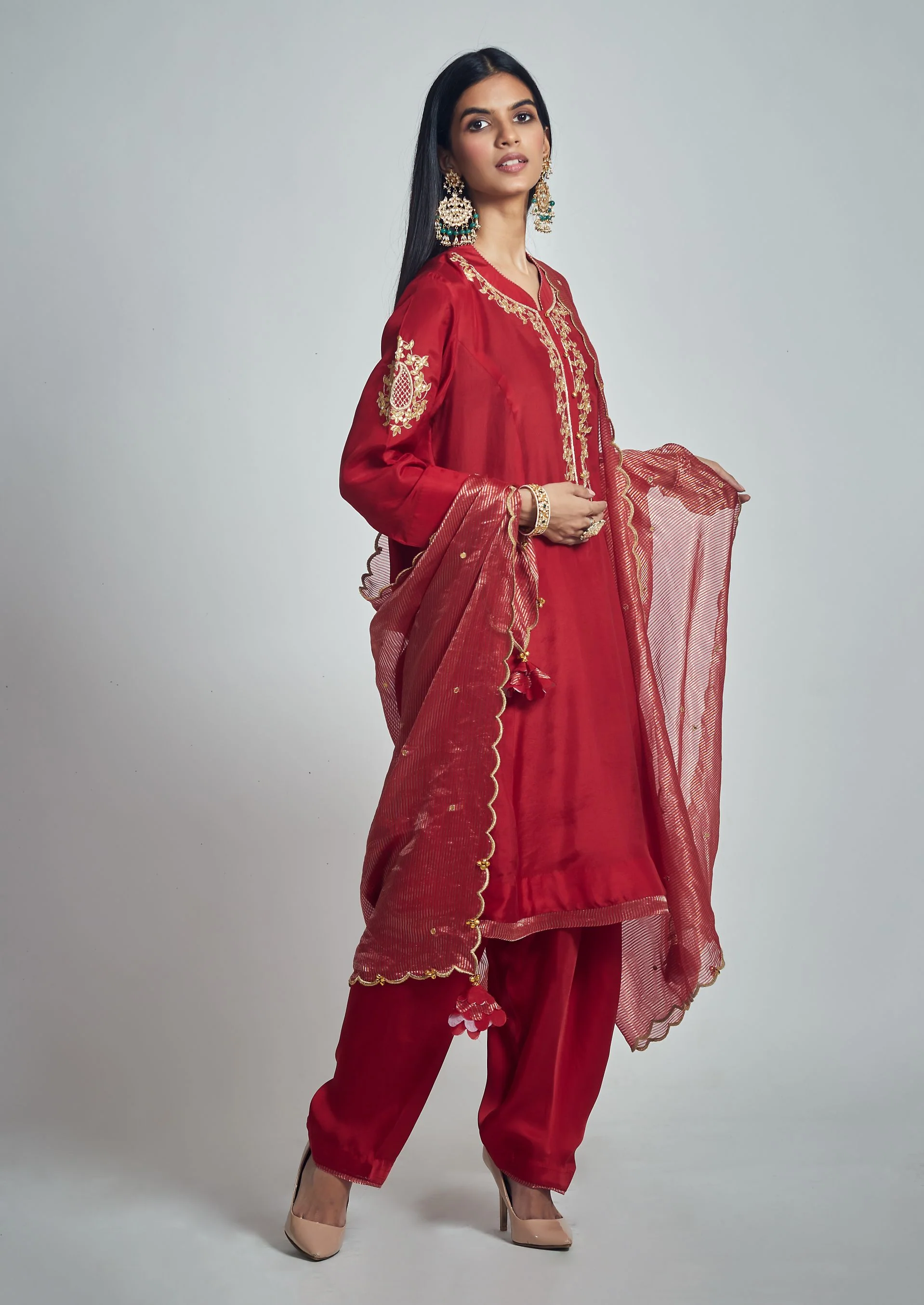 Nazish- Deep red Habutai silk Gota patti embroidered kurta with salwar and dupatta - Image 3