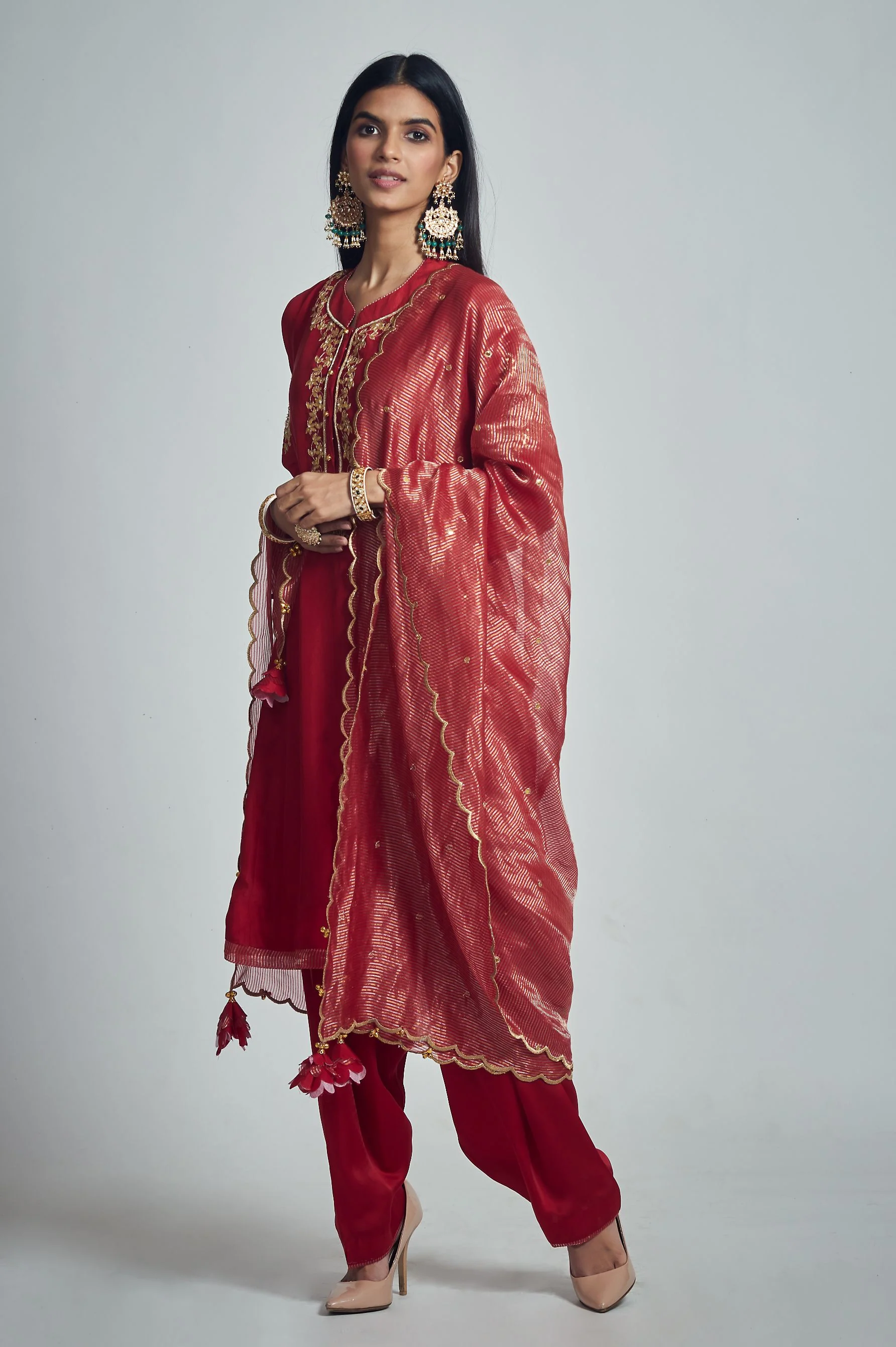 Nazish- Deep red Habutai silk Gota patti embroidered kurta with salwar and dupatta - Image 4