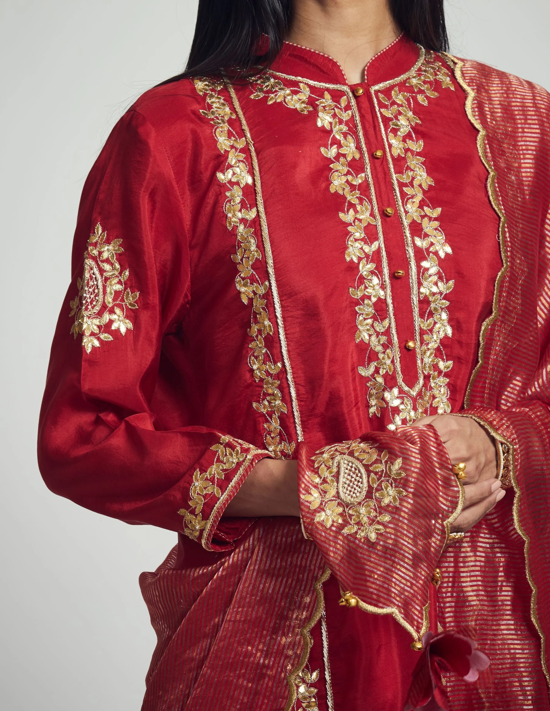 Nazish- Deep red Habutai silk Gota patti embroidered kurta with salwar and dupatta - Image 6