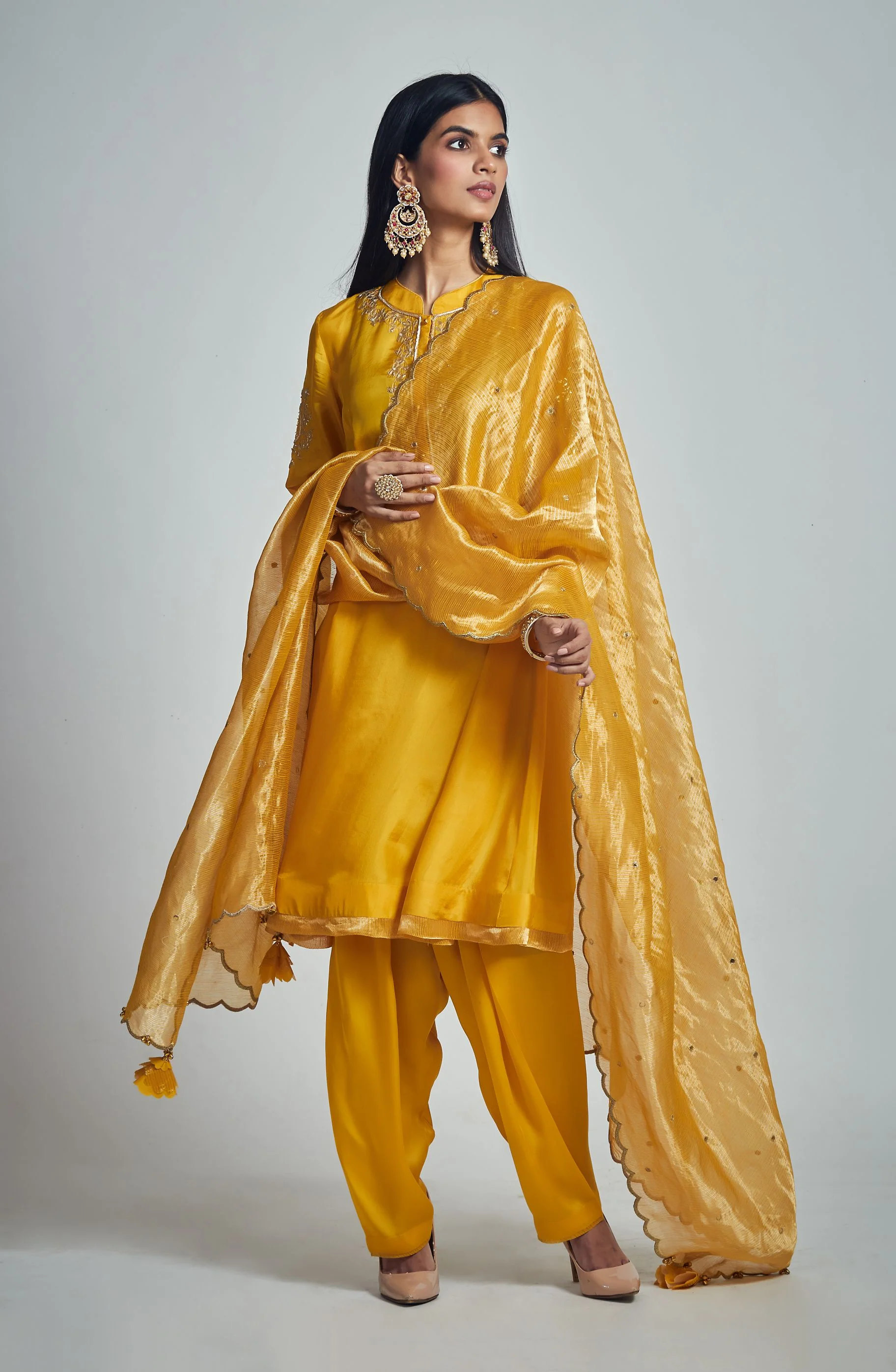 Nazish- Happy Mustard Habutai silk Gota patti embroidered kurta with salwar and dupatta - Image 3