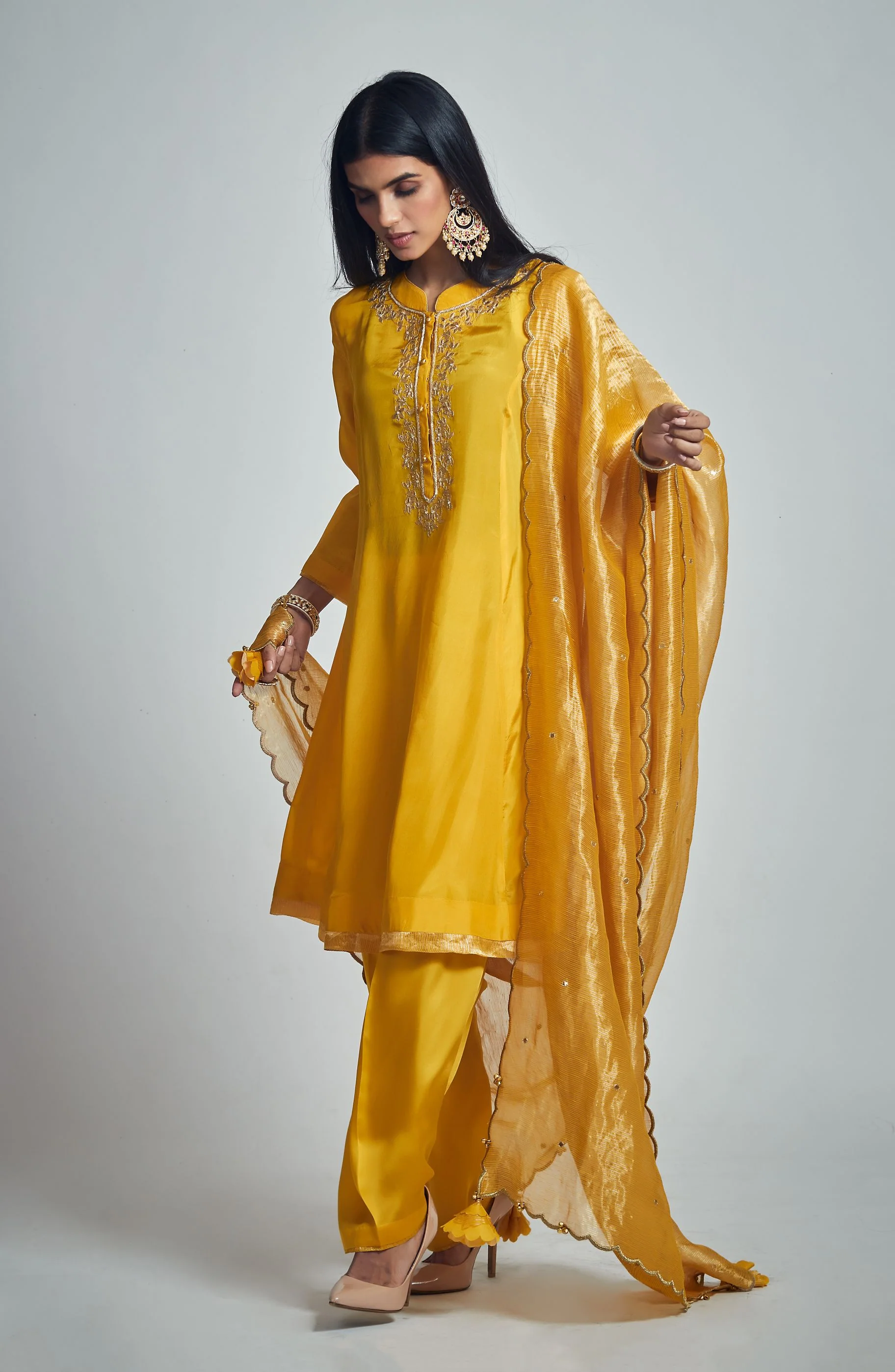 Nazish- Happy Mustard Habutai silk Gota patti embroidered kurta with salwar and dupatta - Image 4