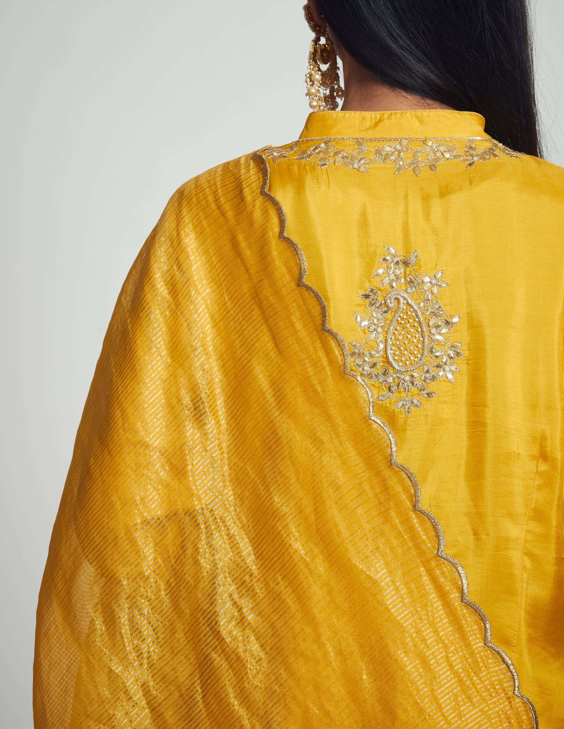 Nazish- Happy Mustard Habutai silk Gota patti embroidered kurta with salwar and dupatta - Image 5