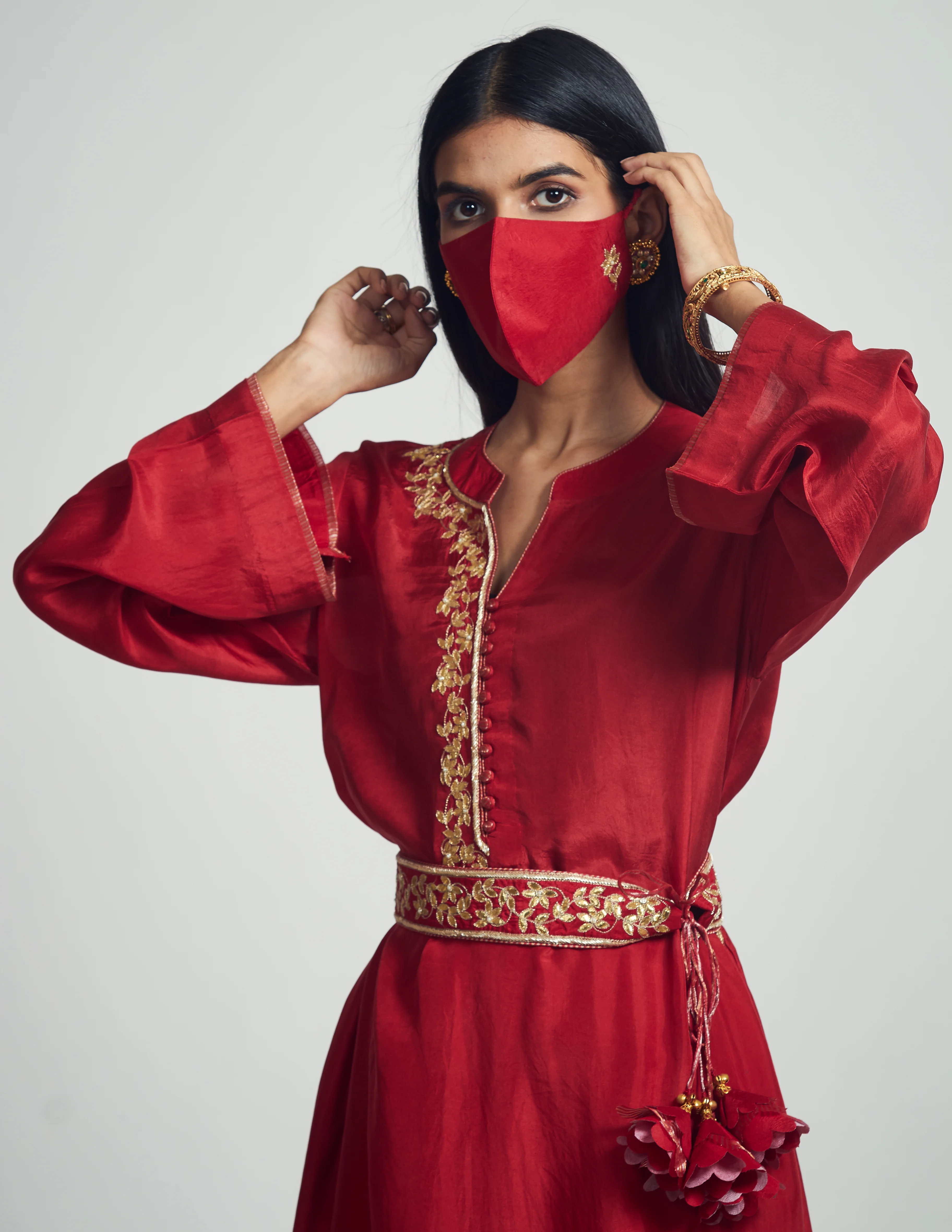 Nyasia- Red Habutai silk Gota patti embroidered Choga - Image 3