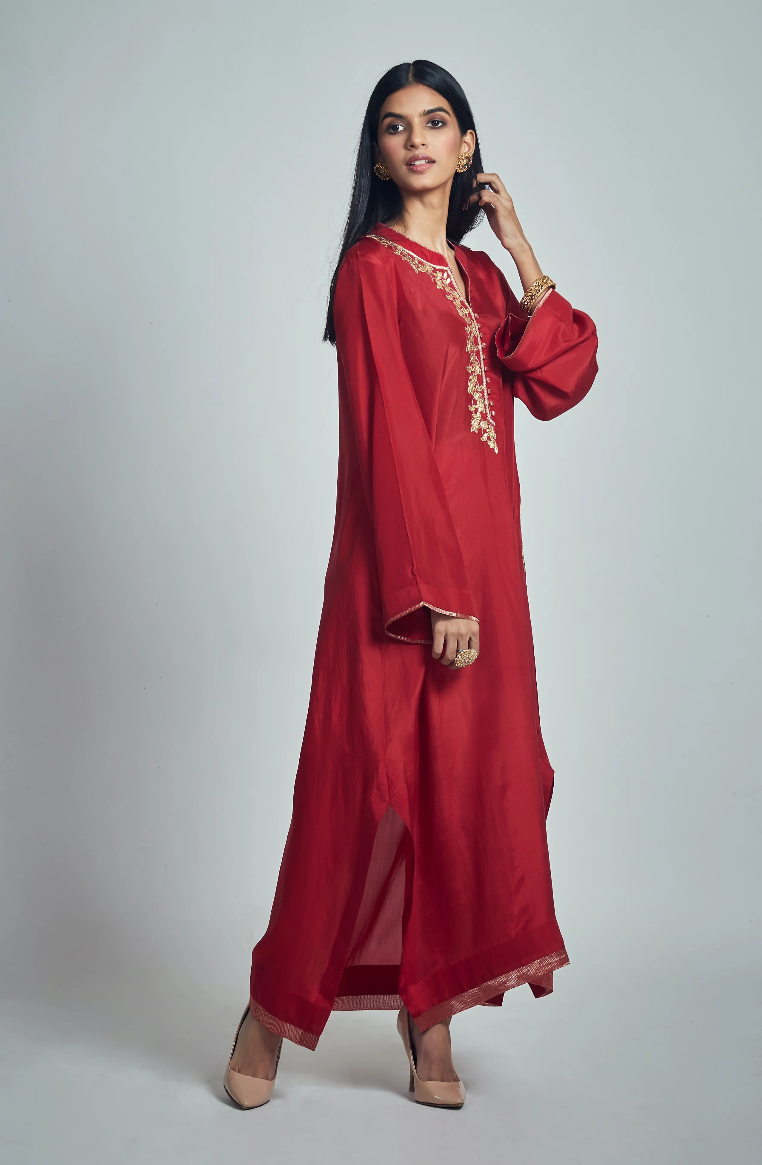 Nyasia- Red Habutai silk Gota patti embroidered Choga - Image 5