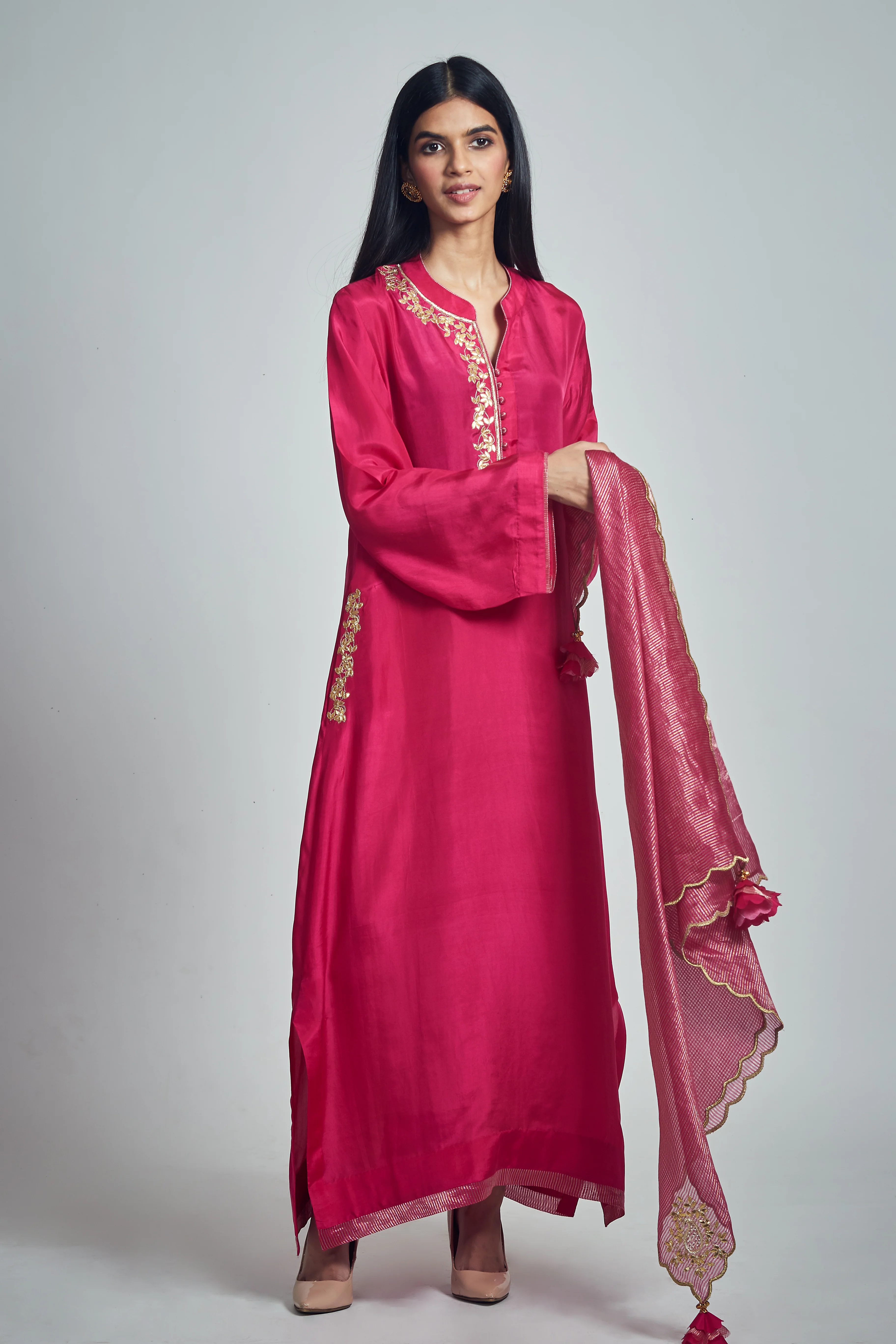 Nyasia- Pink Habutai silk Gota patti embroidered Choga - Image 3