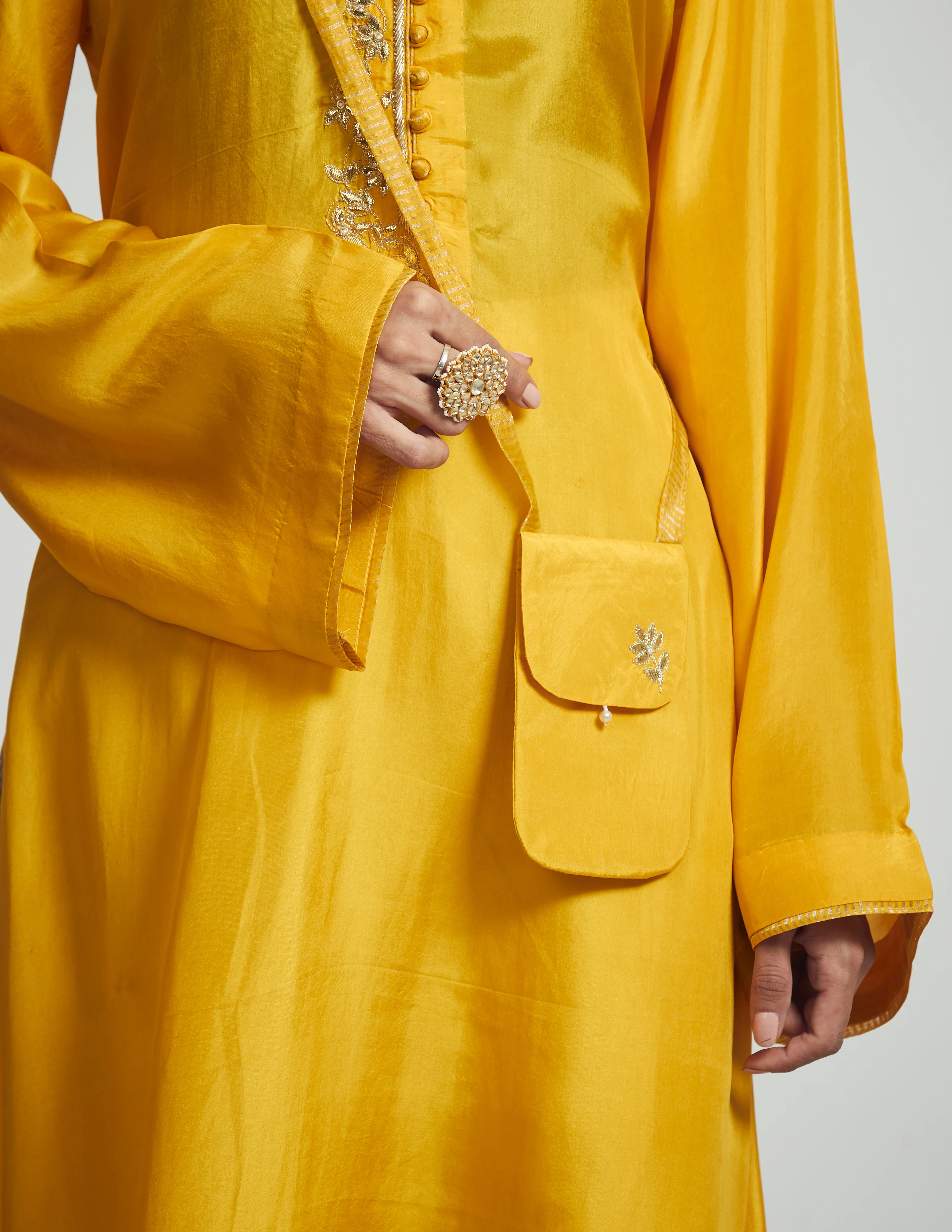 Nyasia- Happy Mustard Habutai silk Gota patti embroidered choga - Image 3