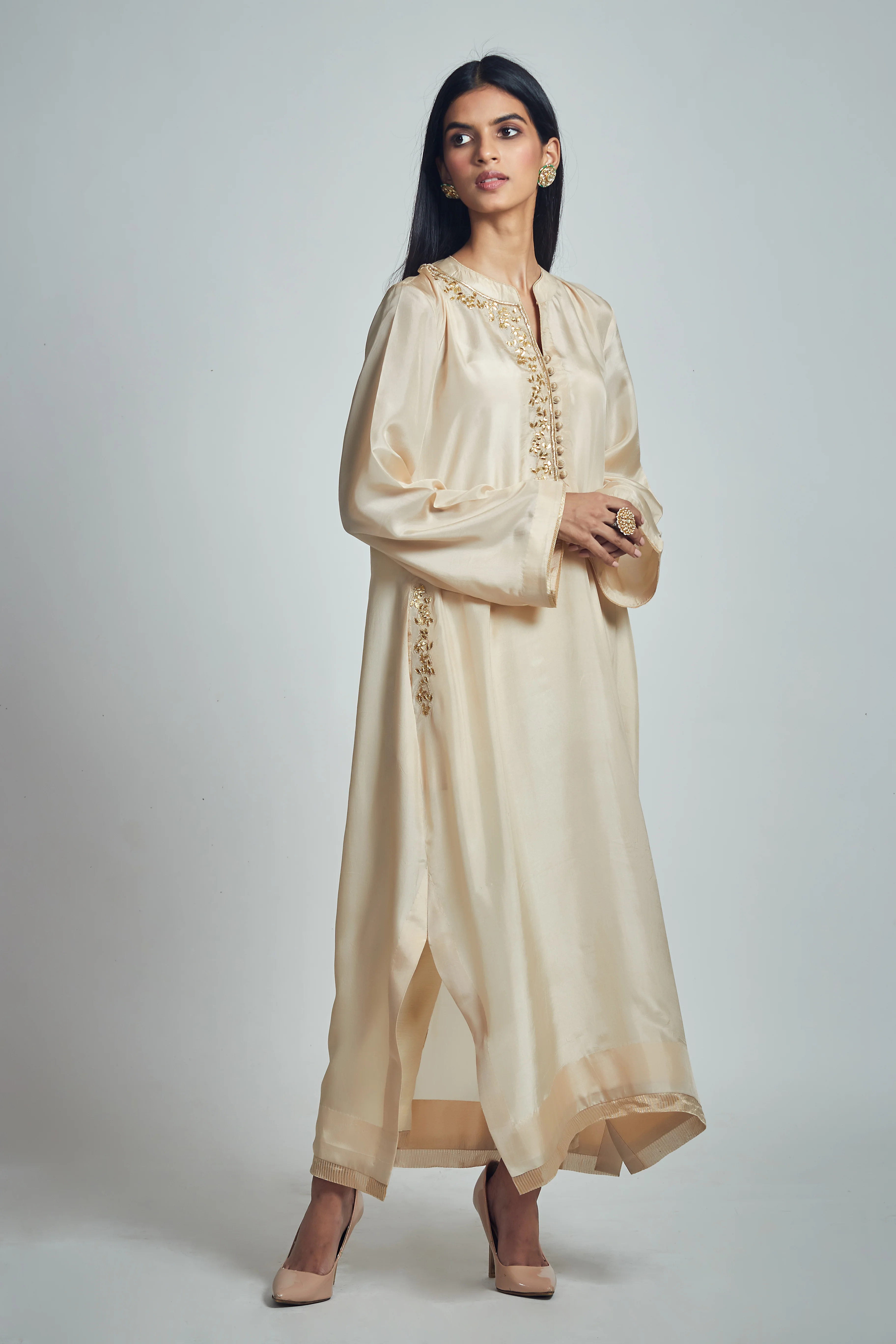 Nyasia- Soft beige Habutai silk Gota patti embroidered choga - Image 5