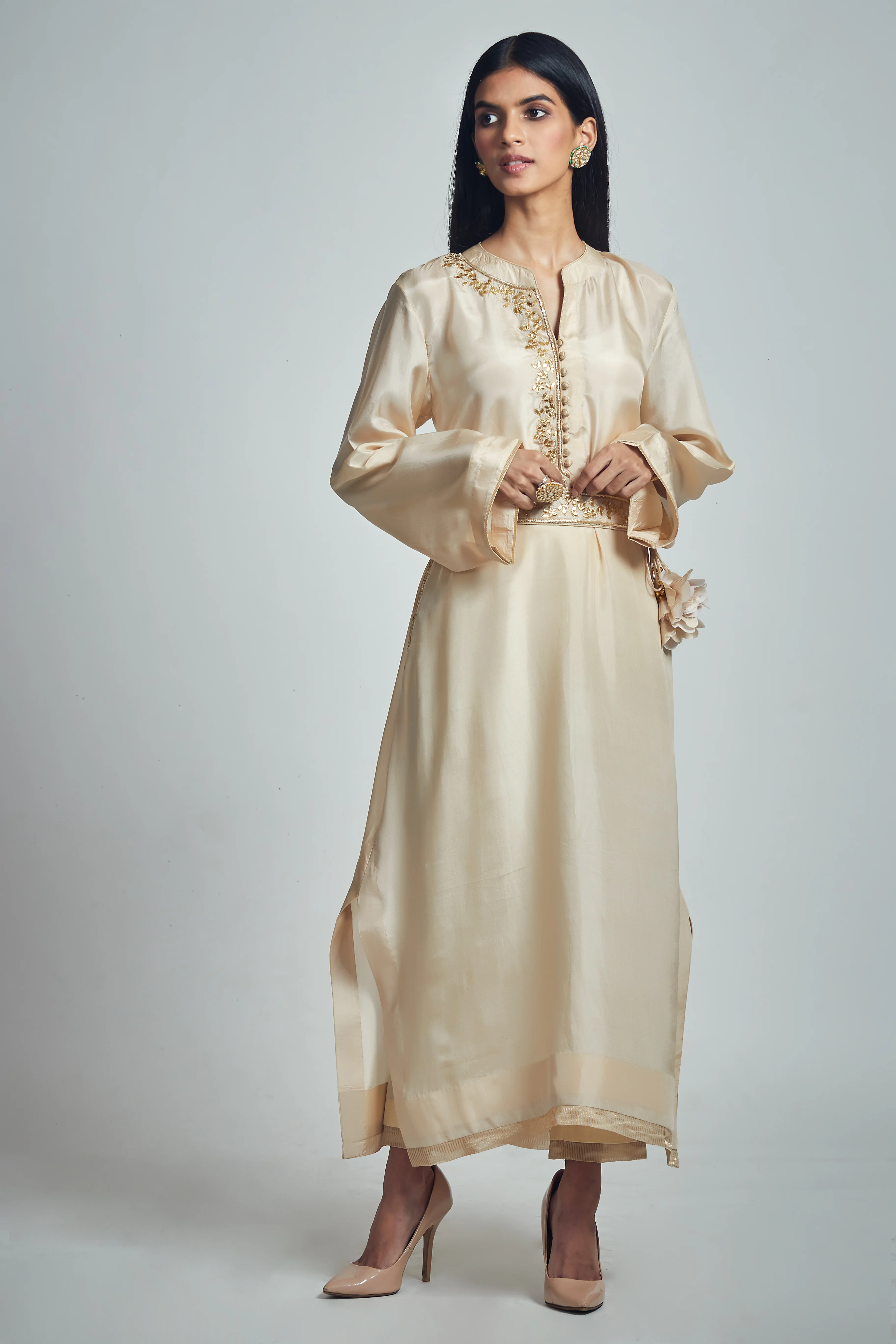 Nyasia- Soft beige Habutai silk Gota patti embroidered choga - Image 6
