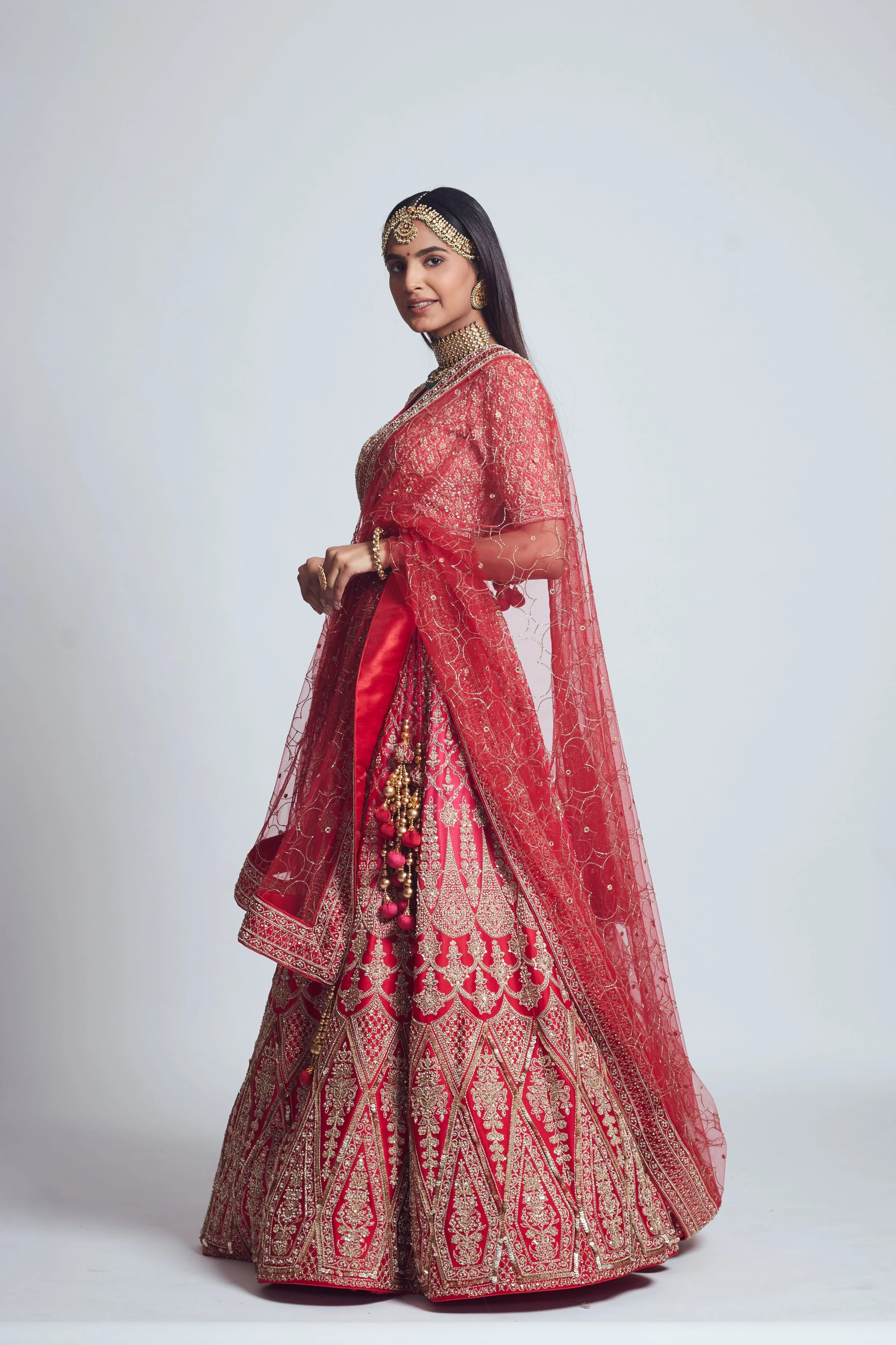 Pakeezah- Crimson red Dabka and Zardozi embroidered lehenga - Image 6