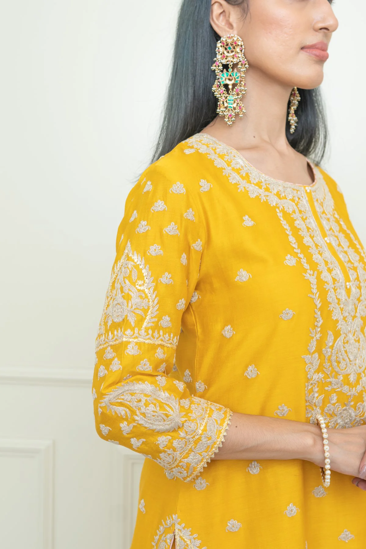 Shaima- Glaze Mustard Straight kurta with sharara and odhni - Image 3