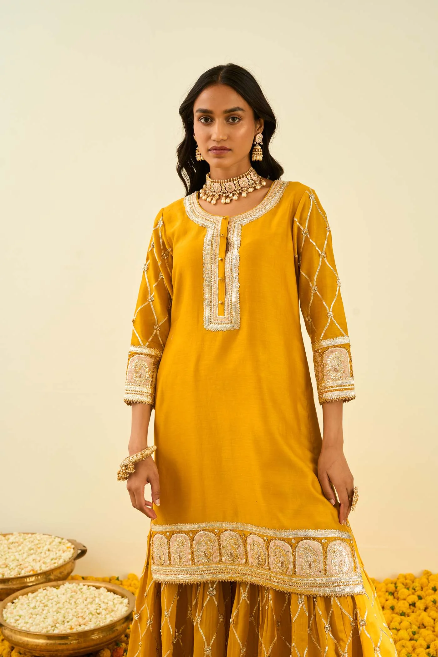 Sukhneet Wadhwa IN Shabina- Glaze Mustard short kurta with garara and dupatta - Image 5