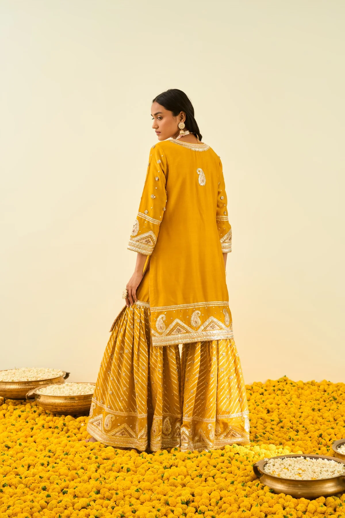 Shafna- Glaze Mustard short kurta with garara and dupatta - Image 3