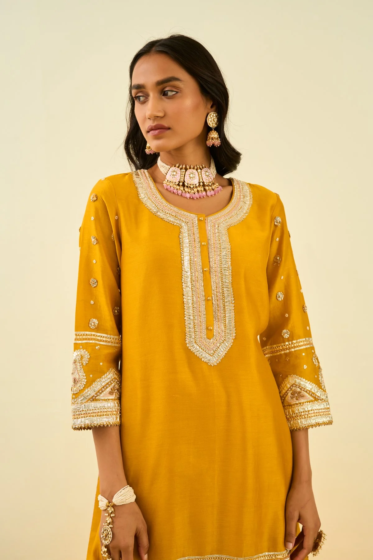 Shafna- Glaze Mustard short kurta with garara and dupatta - Image 4