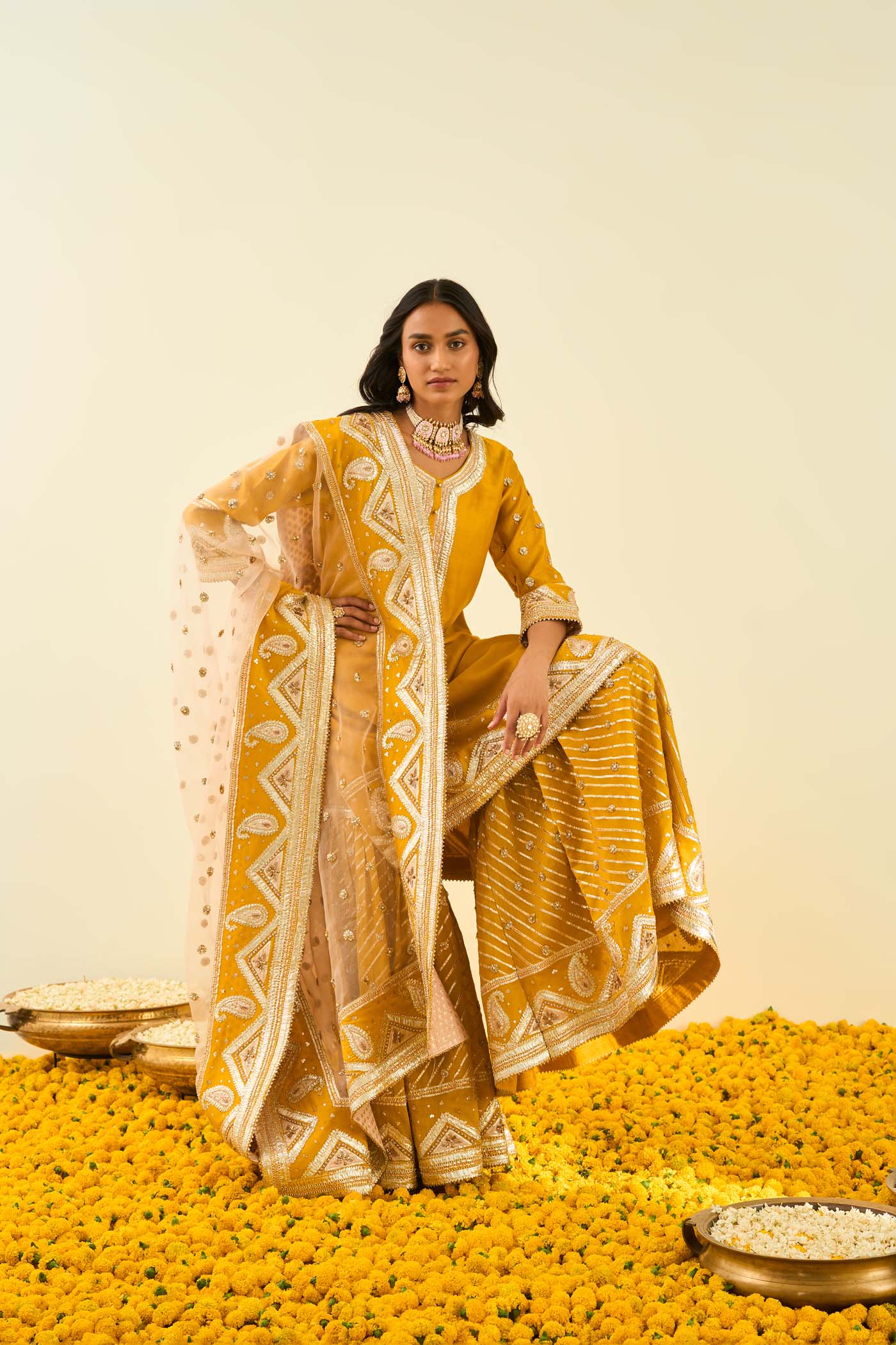 Shafna- Glaze Mustard short kurta with garara and dupatta - Image 5
