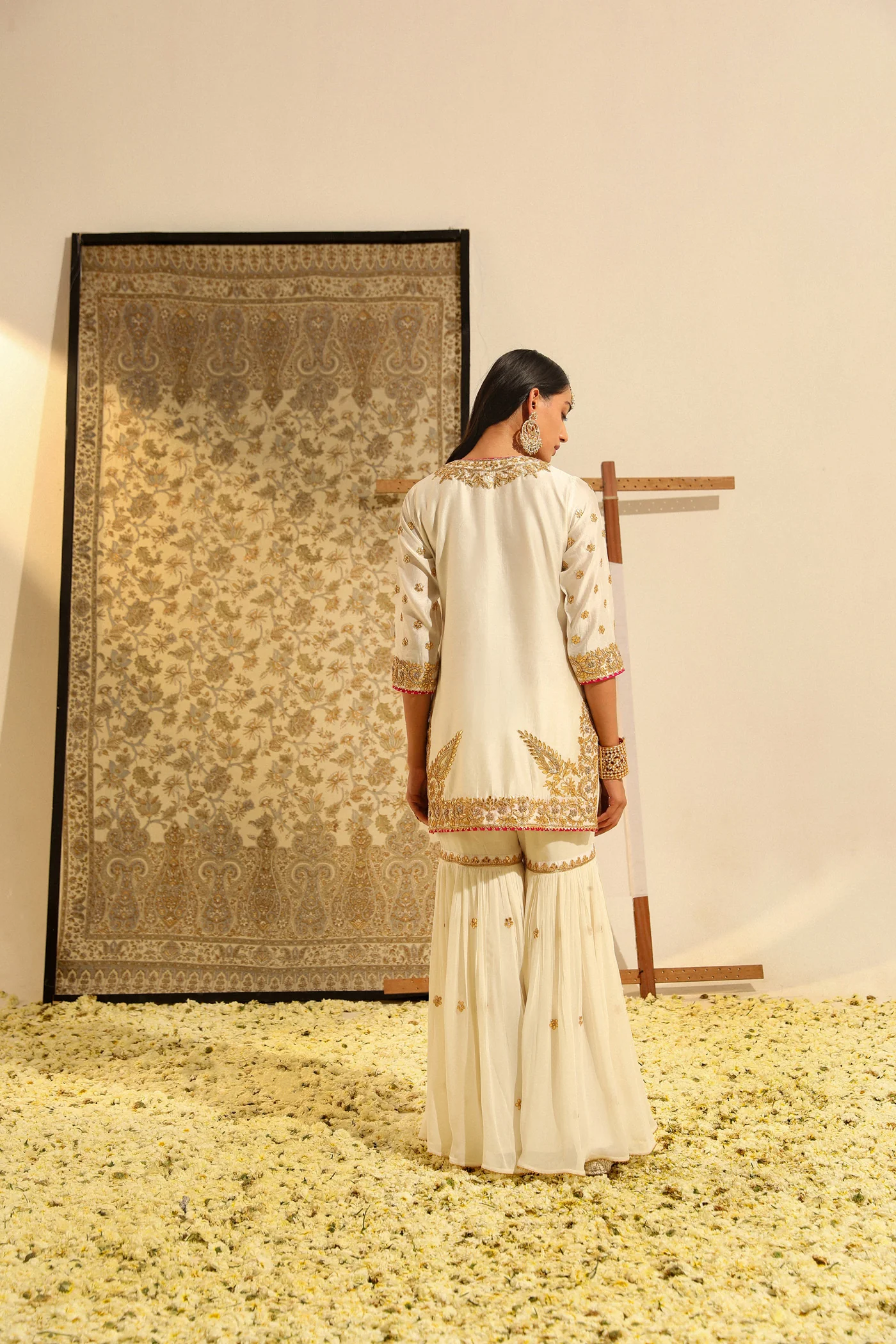 Shamshul - Daisy Ivory Hand Embroidered Kurta with Garara and Odhni - Image 3