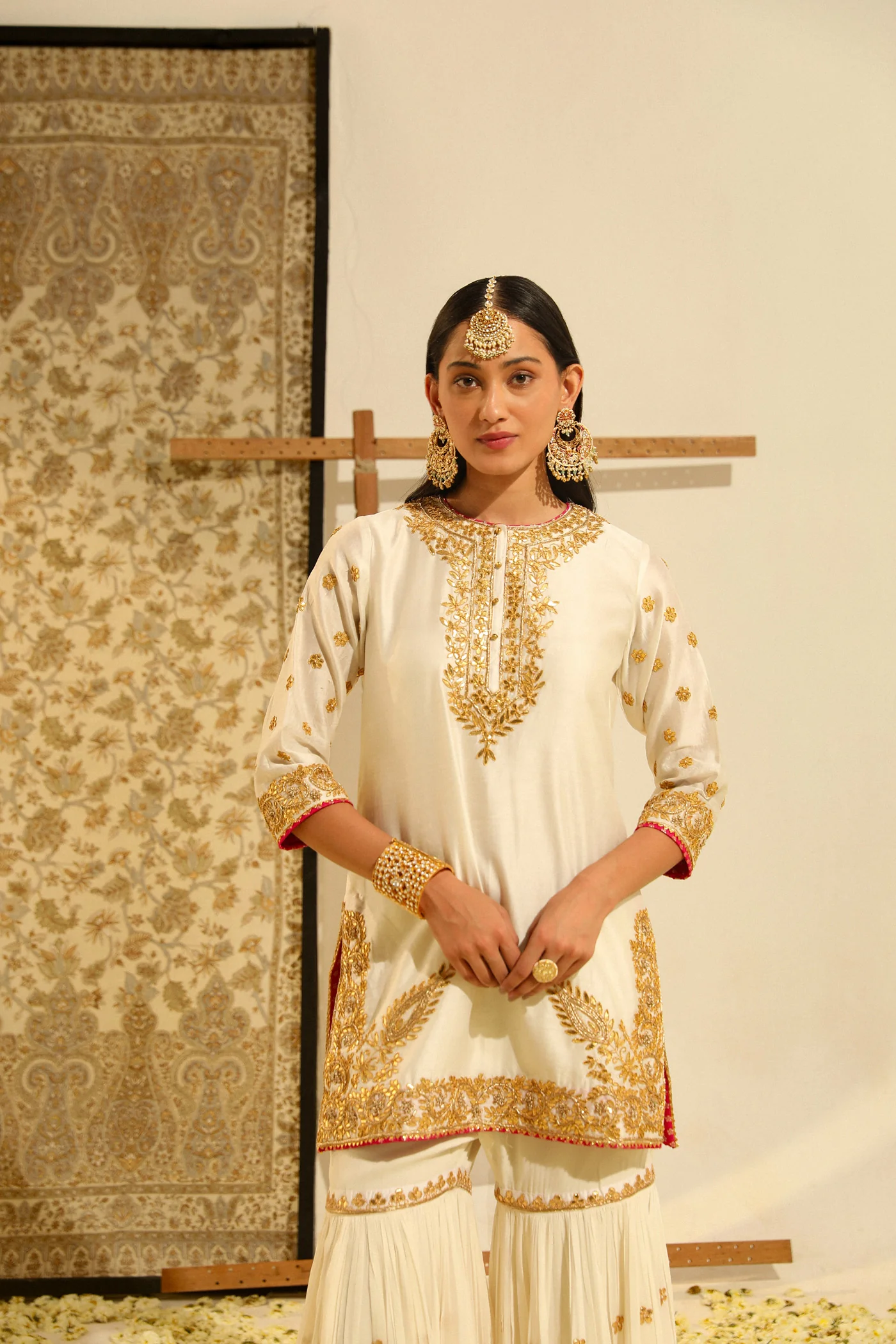 Shamshul - Daisy Ivory Hand Embroidered Kurta with Garara and Odhni - Image 4