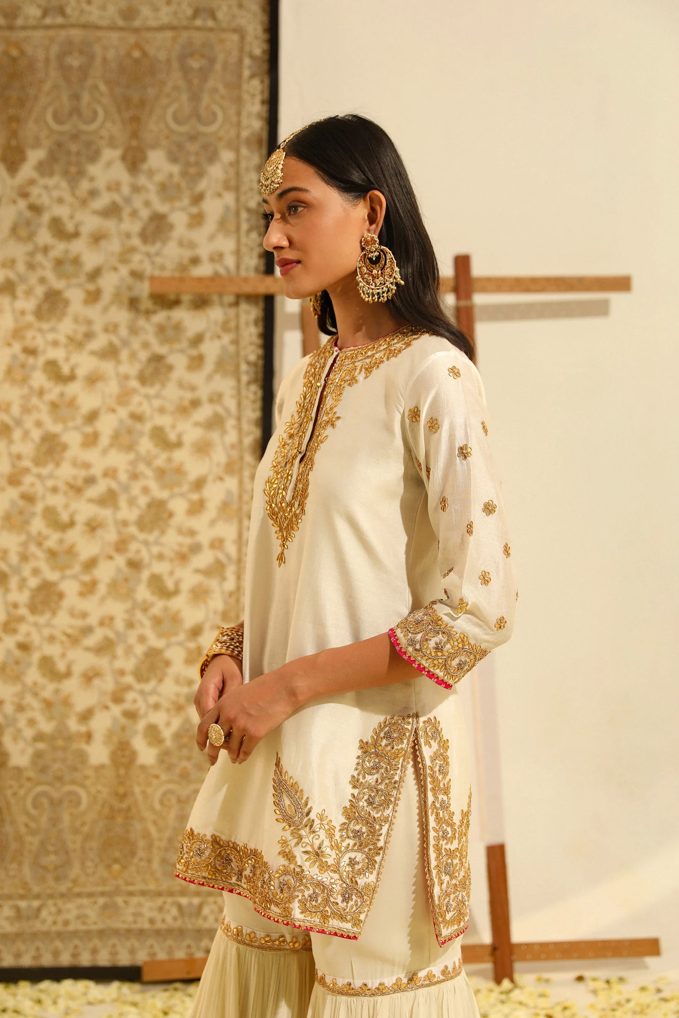 Shamshul - Daisy Ivory Hand Embroidered Kurta with Garara and Odhni - Image 5